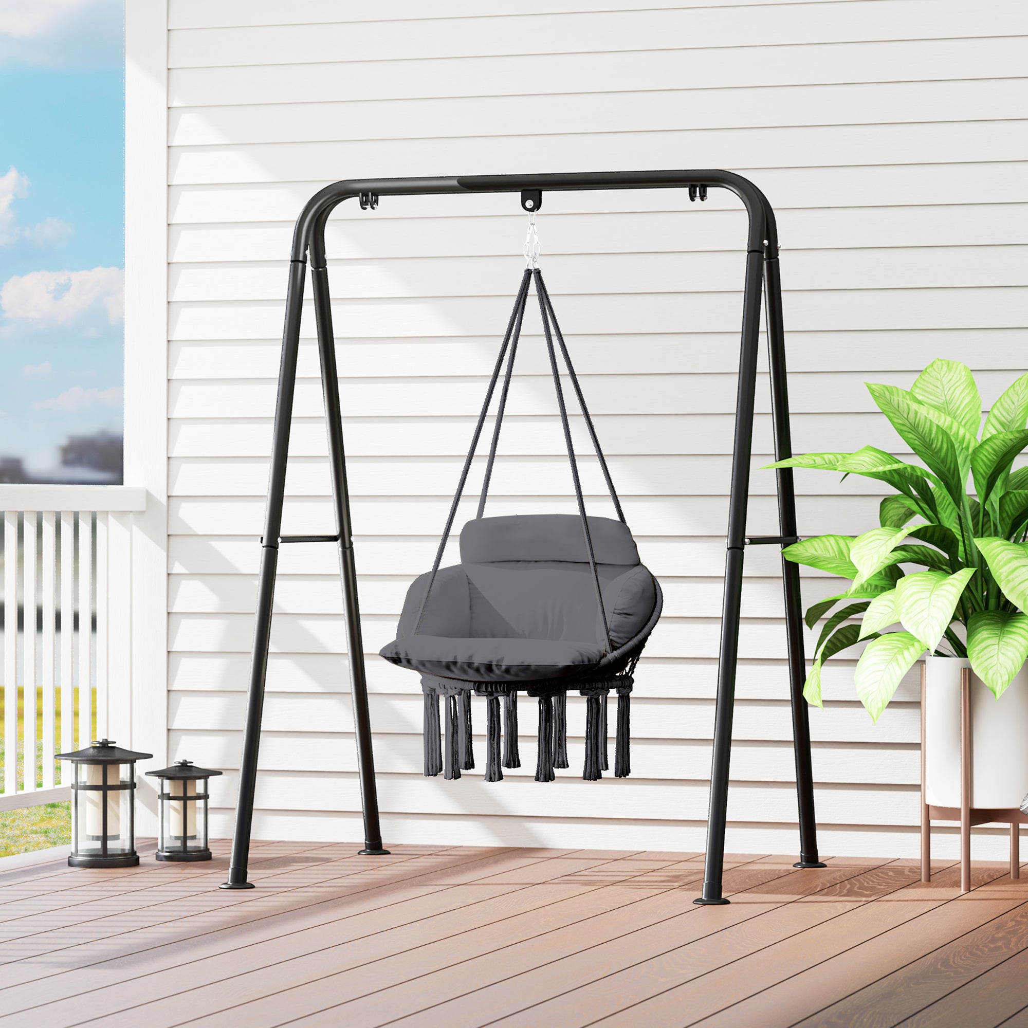 Hanging Hammock Chair with Soft Cushion Set and Steel Frame - Dark Grey