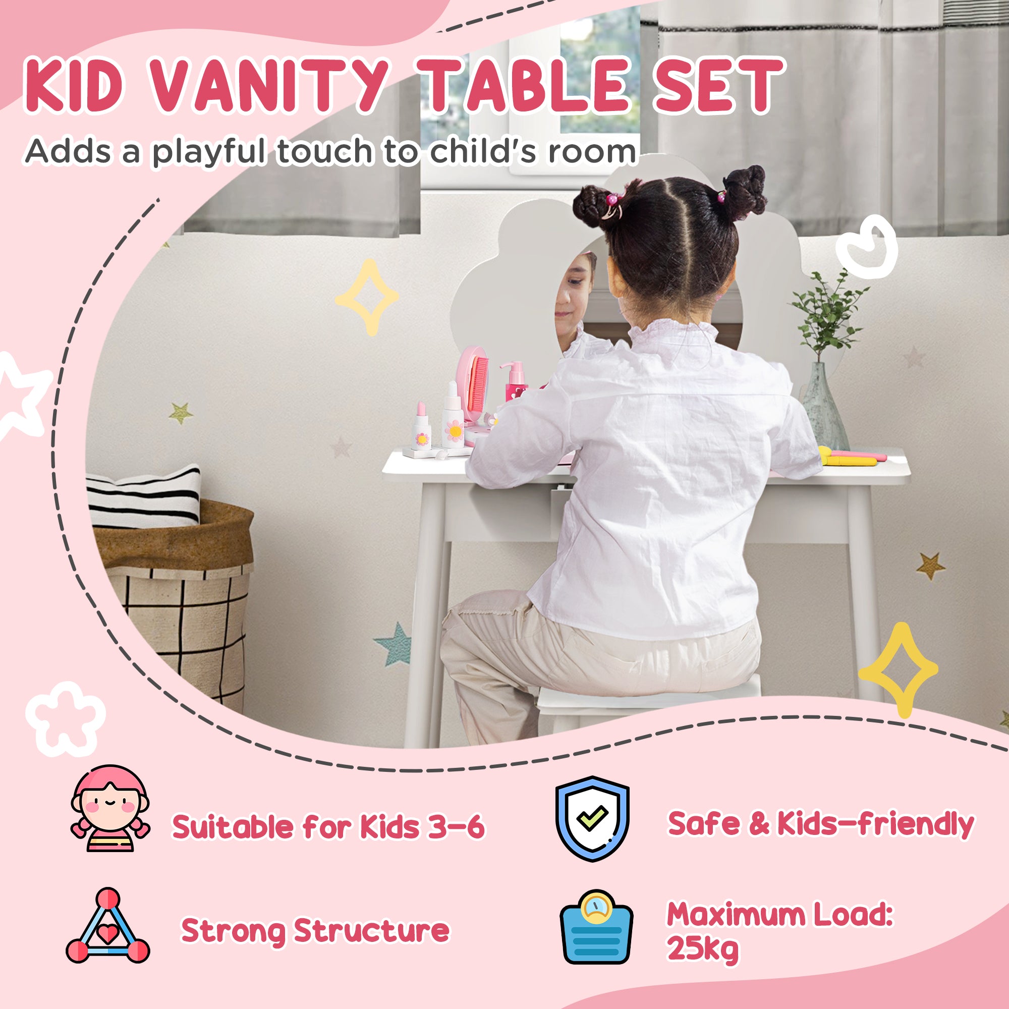 Kids Dressing Table with Mirror, Stool, Drawer, Cloud Design, White