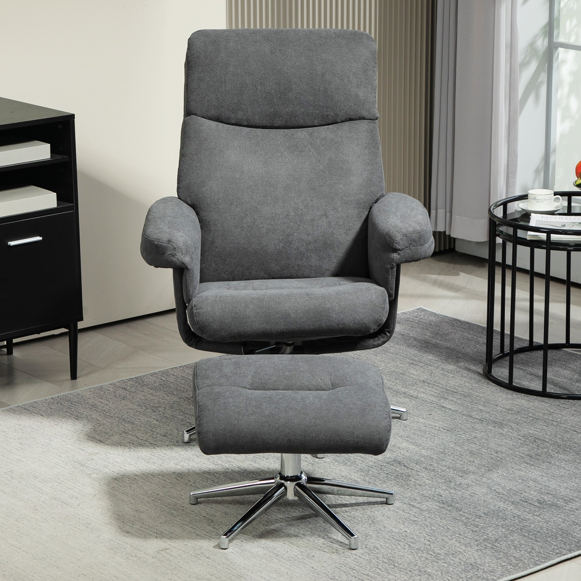 Recliner Chair with Footstool, Upholstered Velvet Fabric Armchair with Adjustable Back, Solid Wood Frame for Living Room, Charcoal Grey