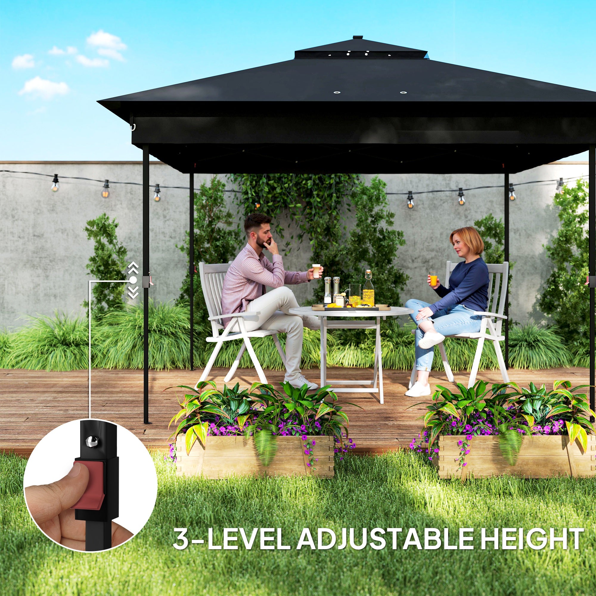 3 x 3 Metre Pop Up Gazebo with Solar LED Lights and Netting - Black