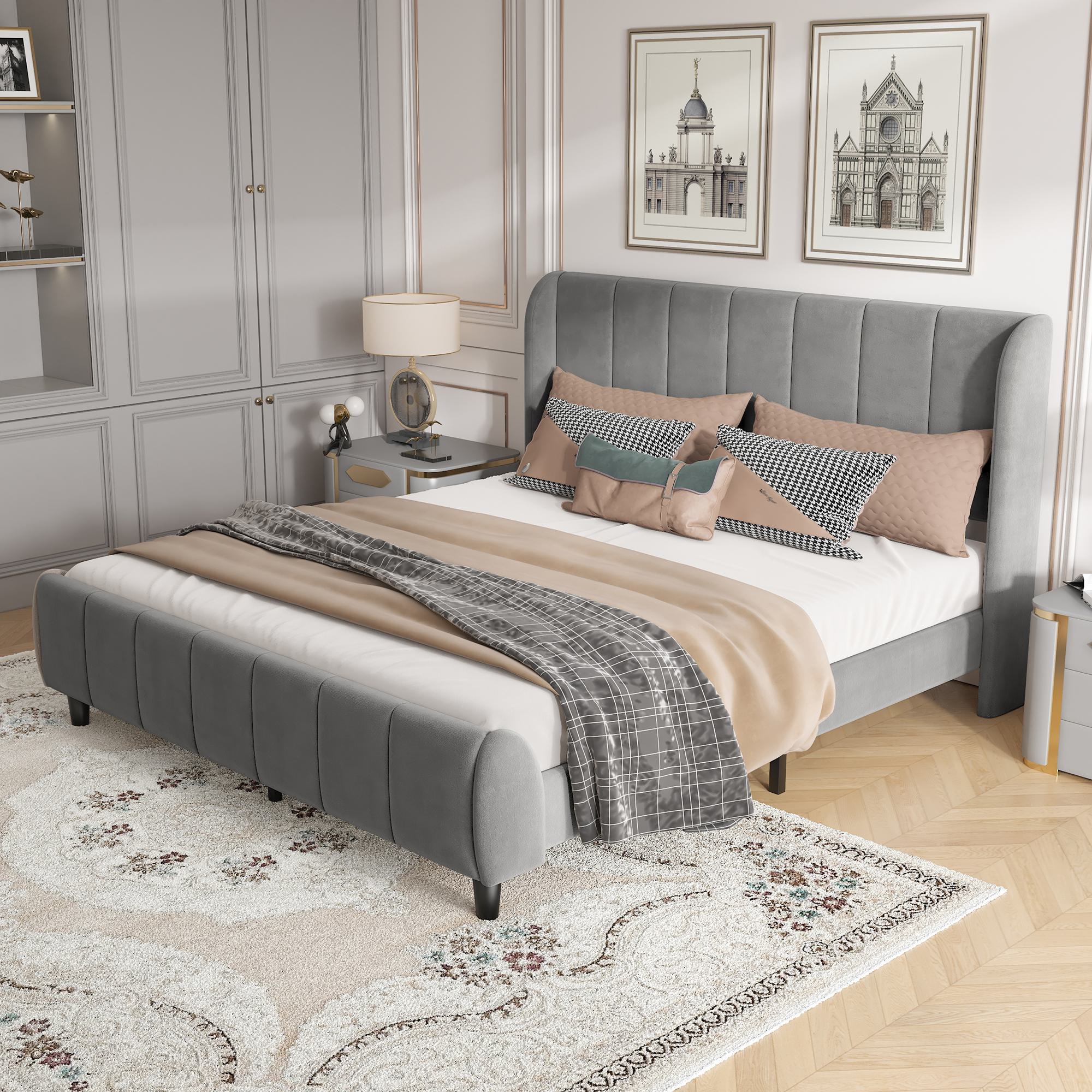 Double Upholstered Velvet Bed with Soft Backrest - Gray