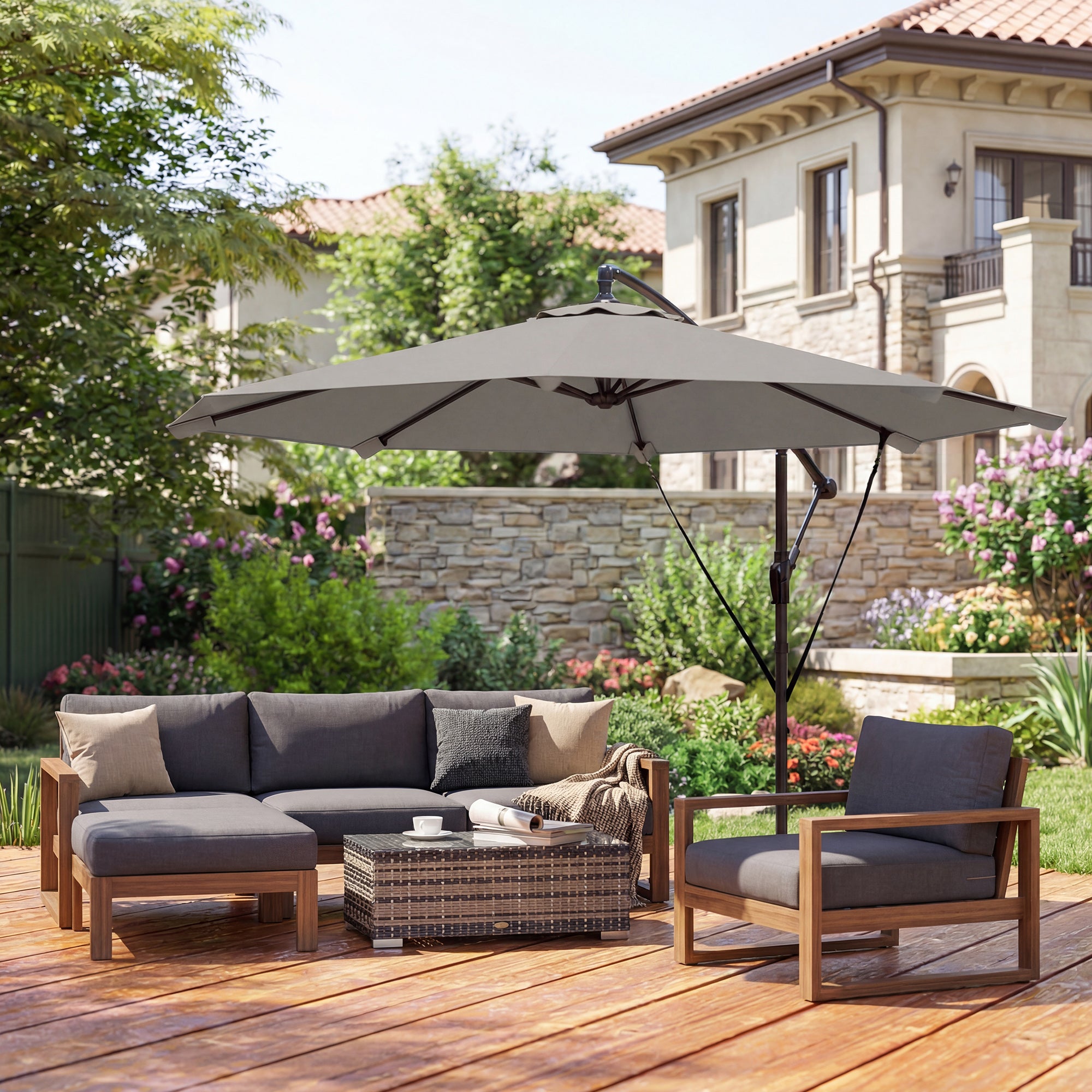 3 m Cantilever Parasol with Protective Cover and Wind Ropes, Banana Parasol with Crank Handle, Light Grey