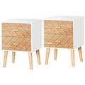 Bedside Table Set of 2, Modern Bedside Cabinets with Drawer and Pine Wood Legs, Nightstand for Bedroom, White and Natural