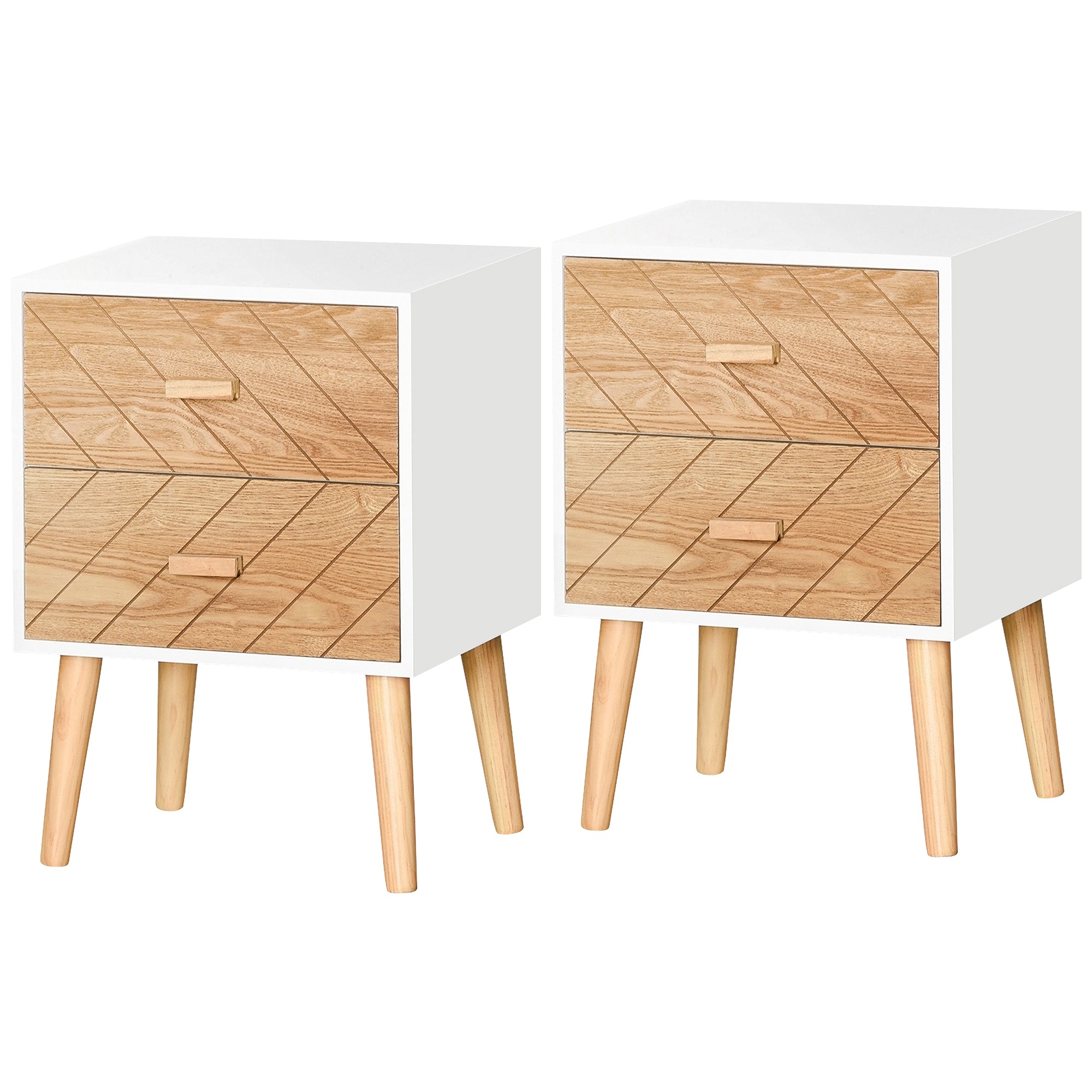 Bedside Table Set of 2, Modern Bedside Cabinets with Drawer and Pine Wood Legs, Nightstand for Bedroom, White and Natural