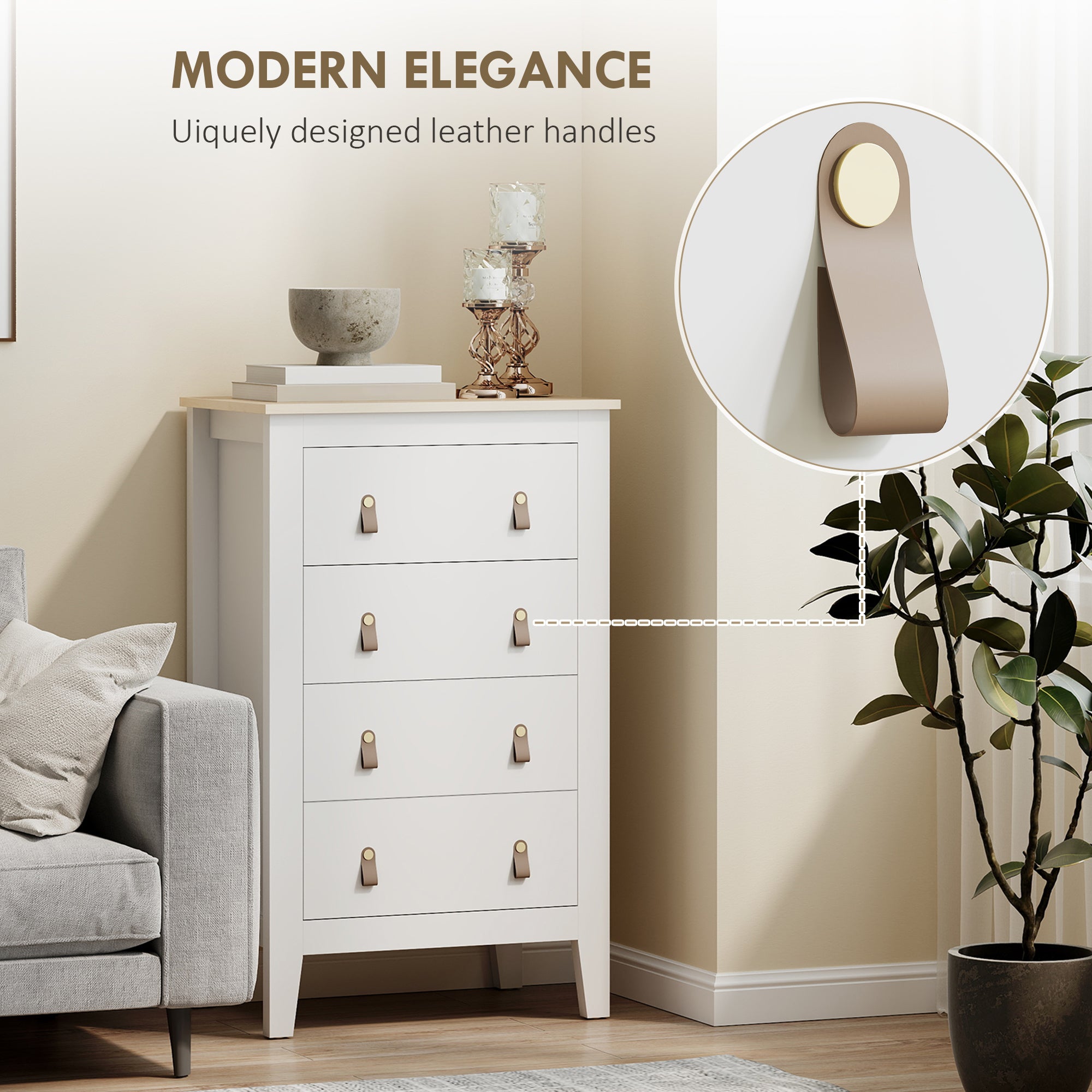 Bedroom Chest of Drawers, Modern 4 Drawer Dresser Cabinet with PU Leather Handles and Metal Runners for Living Room, Hallway, Entryway, 60 x 40 x 98 cm, White