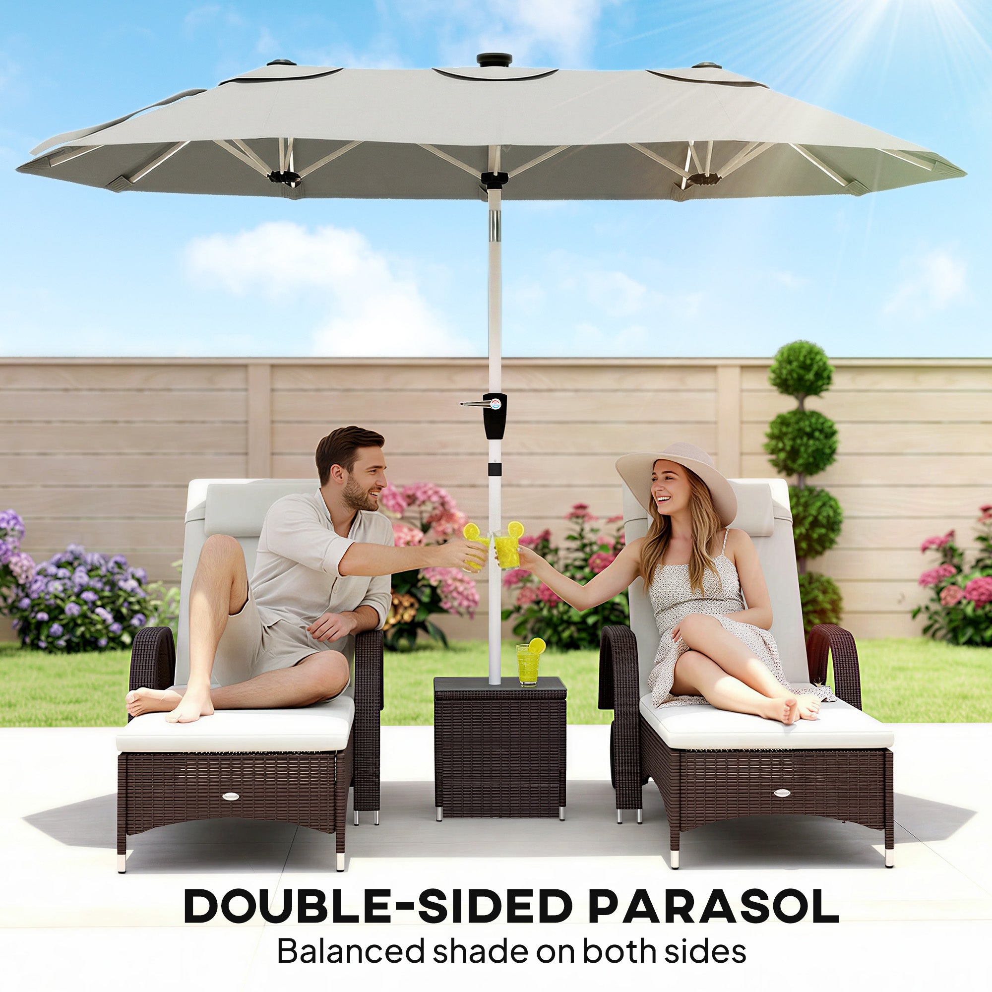3 m Double-Sided Garden Parasol with LED Solar Lights, Outdoor Extra Large Sun Umbrella with Crank Handle, Grey