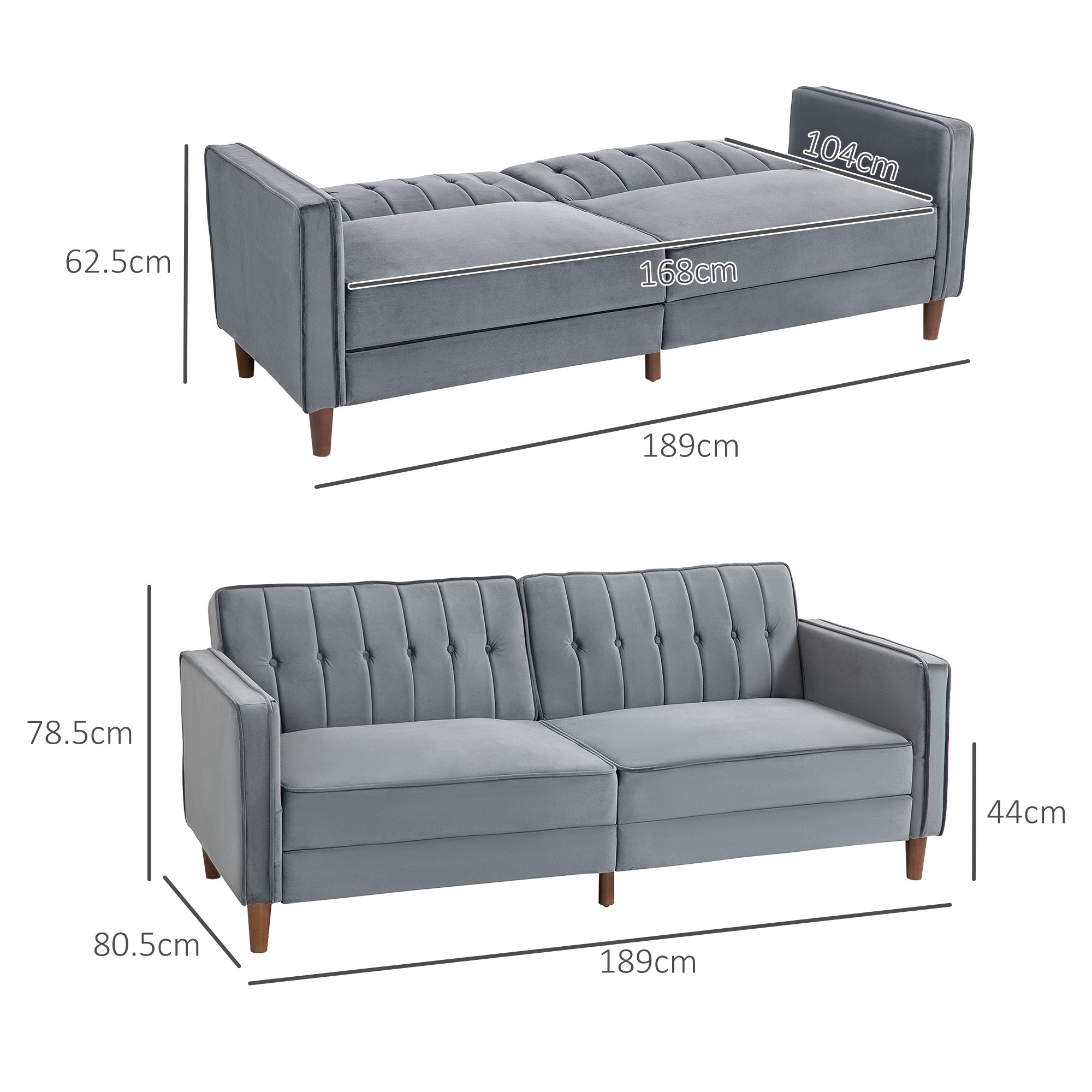 Velvet-Feel Three-Seater Sofa Bed with Adjustable Backs - Dark Grey