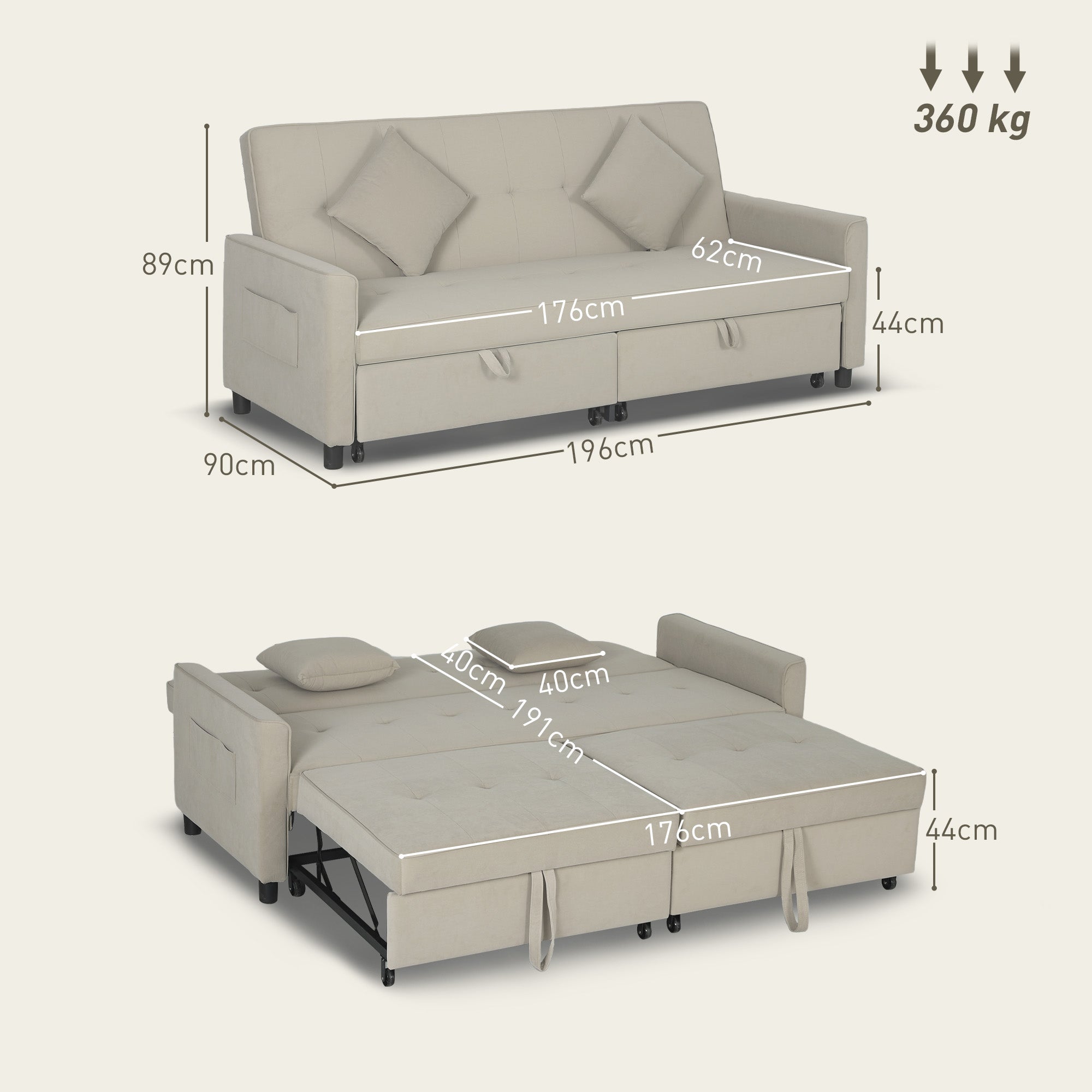 Three-Person Velvet-Feel Sofa Bed with Adjustable Backrest - Beige