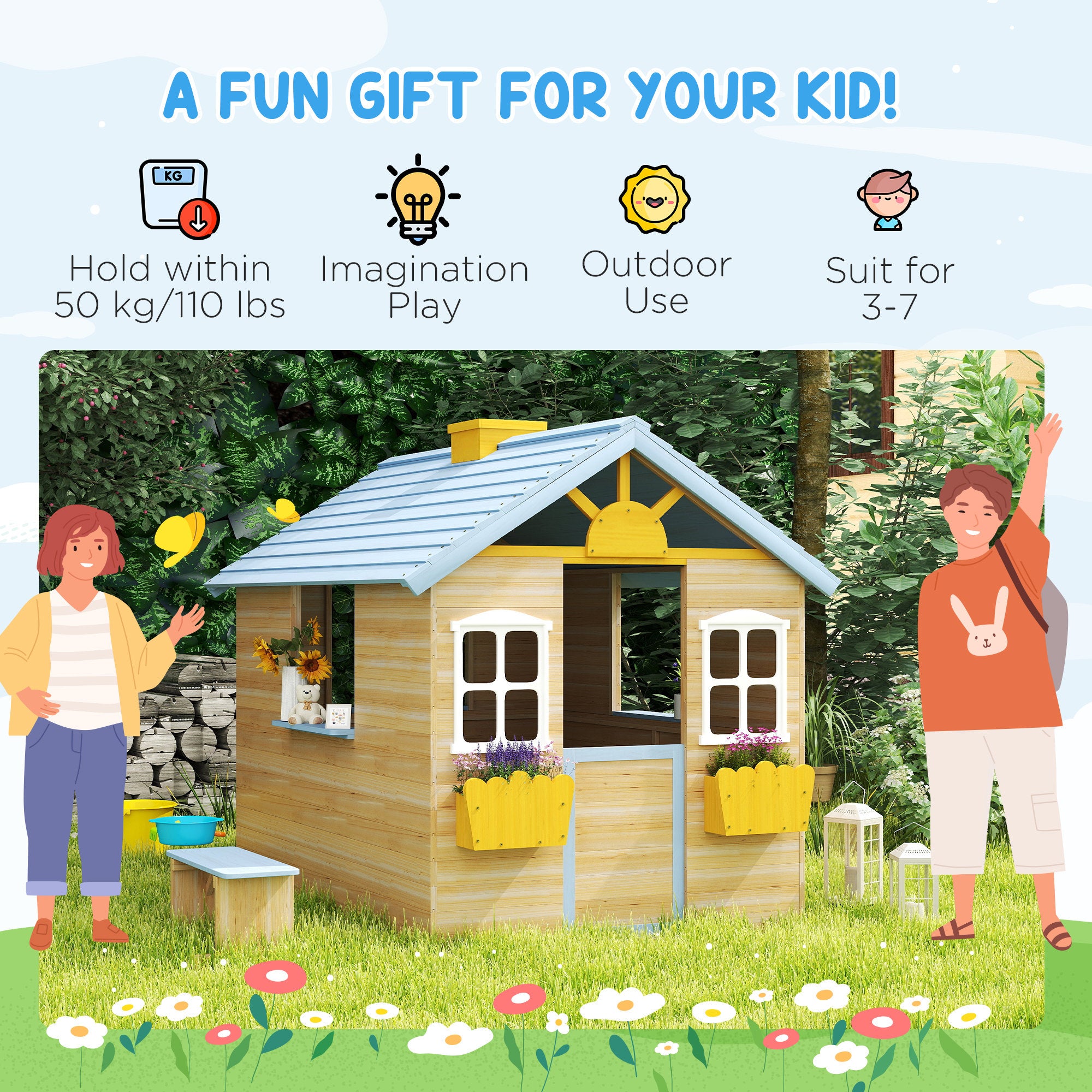 Wooden Playhouse, Wendy House w/ Door, Bench, Flowerpot Holder, For Ages 3-7 Years, Blue