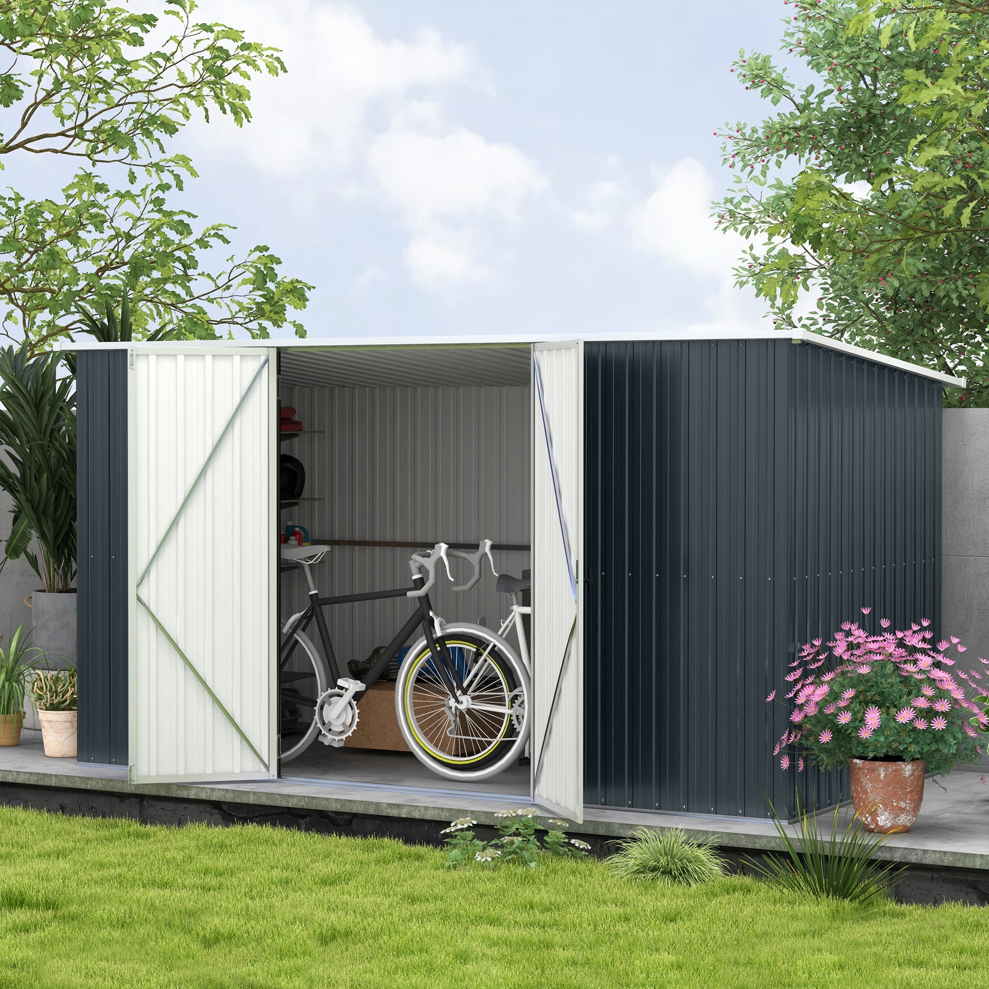 11 x 5.6ft Galvanised Steel Garden Shed, Metal Shed, Garden Storage Shed with Lockable Doors and Gloves for Outdoor Patio, Garden, Grey
