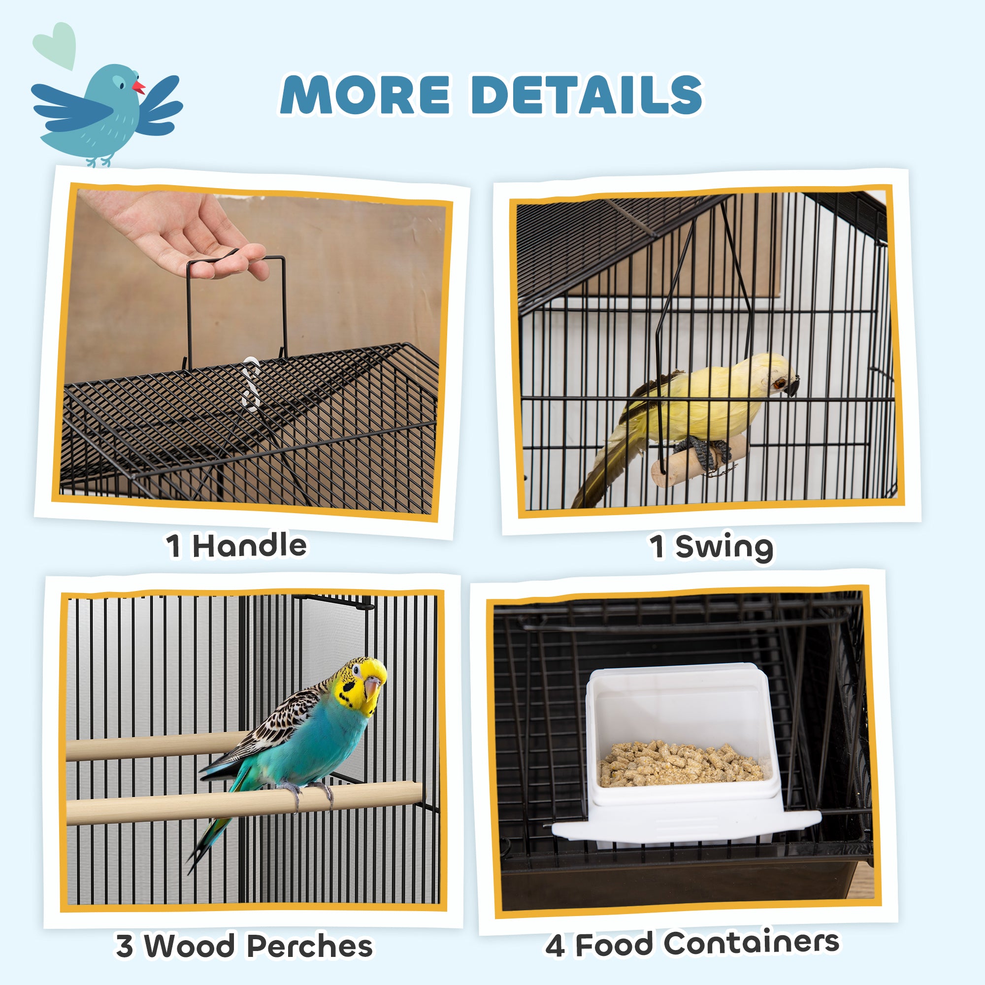 Metal Bird Cage with Swing, Perch, Food Containers & Tray for Finches Canaries 43x32.5x104cm - Black