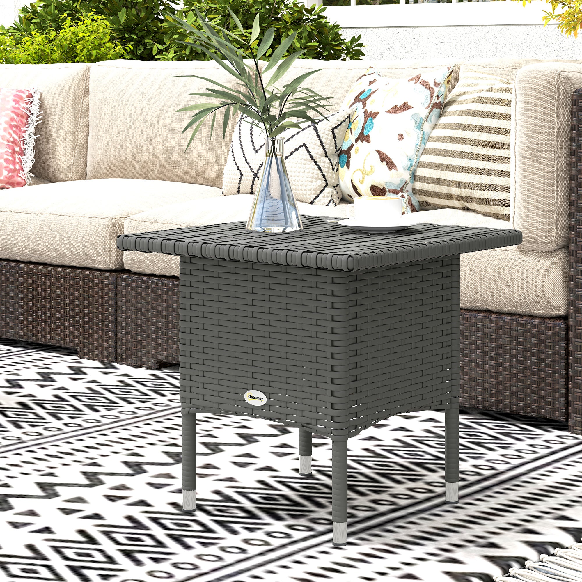 Rattan Outdoor Side Table with Durable Plastic Board Top Grey