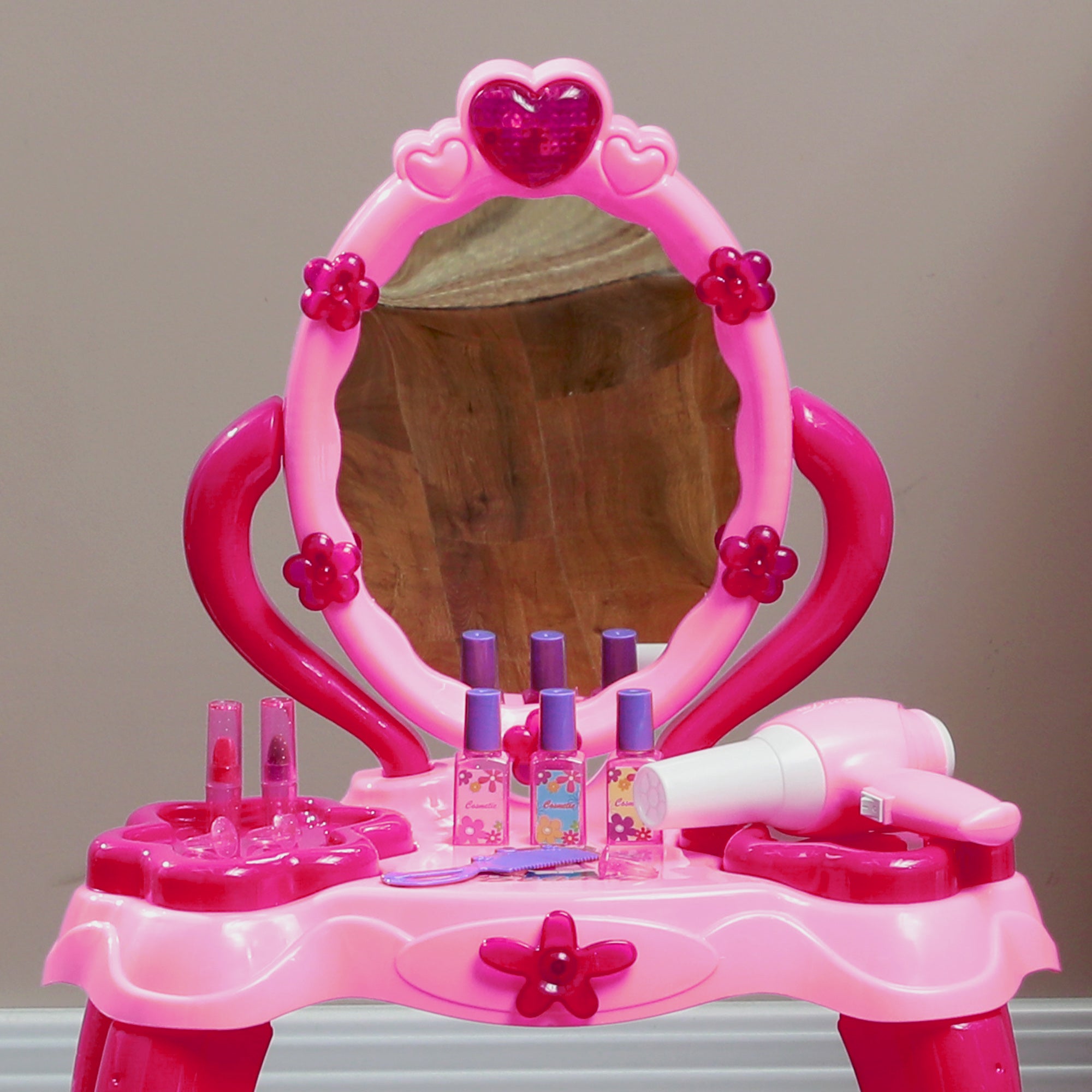 Kids Dressing Table with mirror, Stool, Light, Music, 15 Accessories, for Ages 3-6 Years, Pink