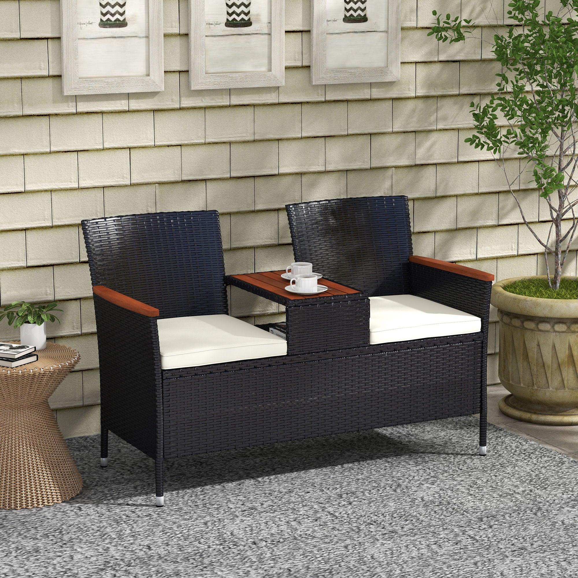 Two-Seat Rattan Loveseat, with Wood-Top Middle Table - Black