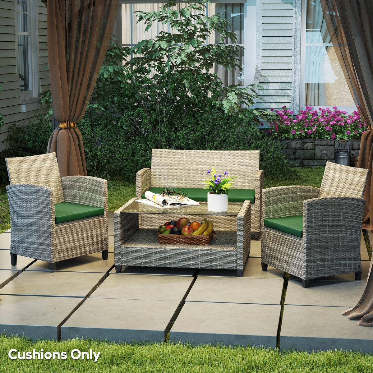 3 Piece Rattan Outdoor Seat Cushion Set - Green