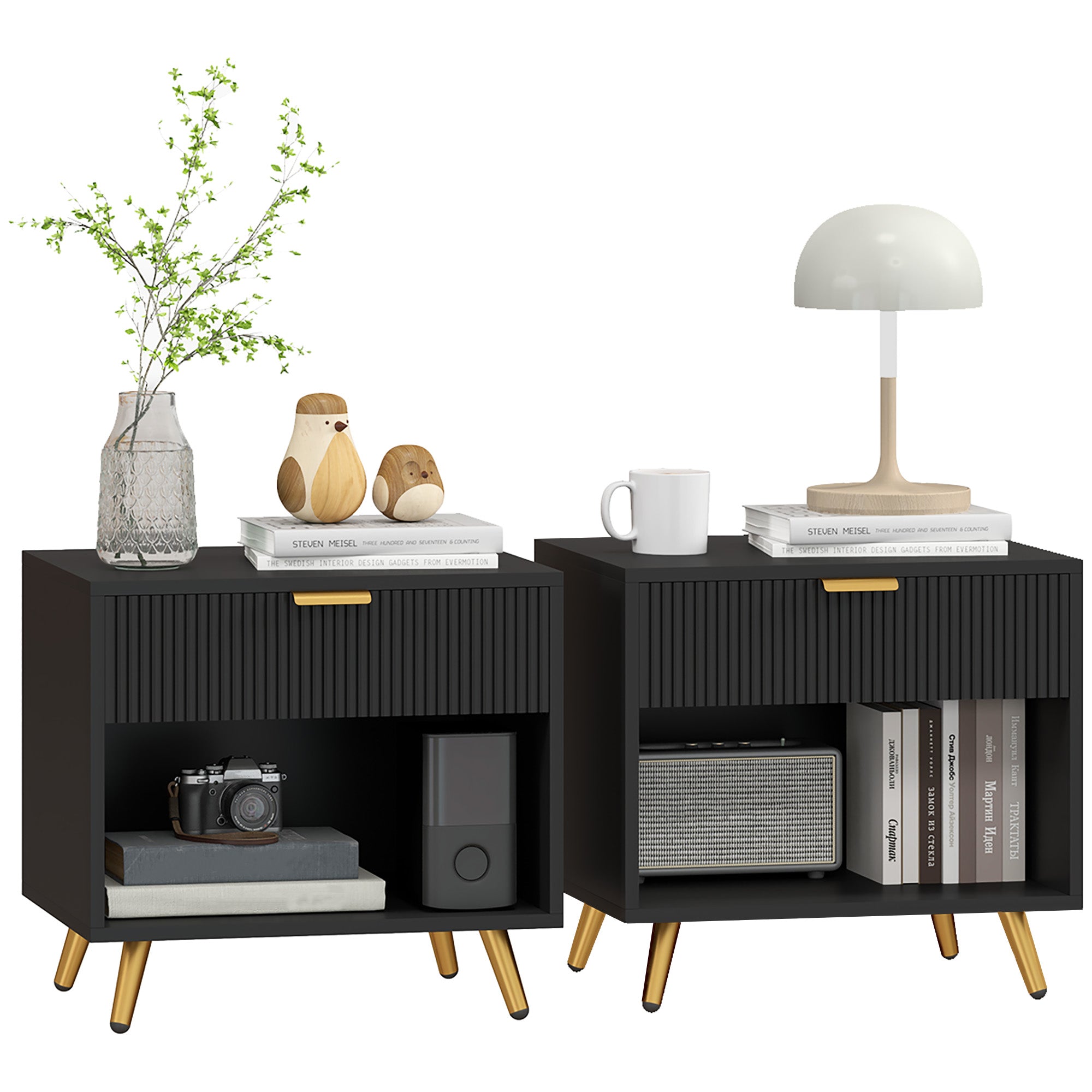 Elegant Bedside Table Set of 2, with Drawer and Shelf - Black/Gold Tone