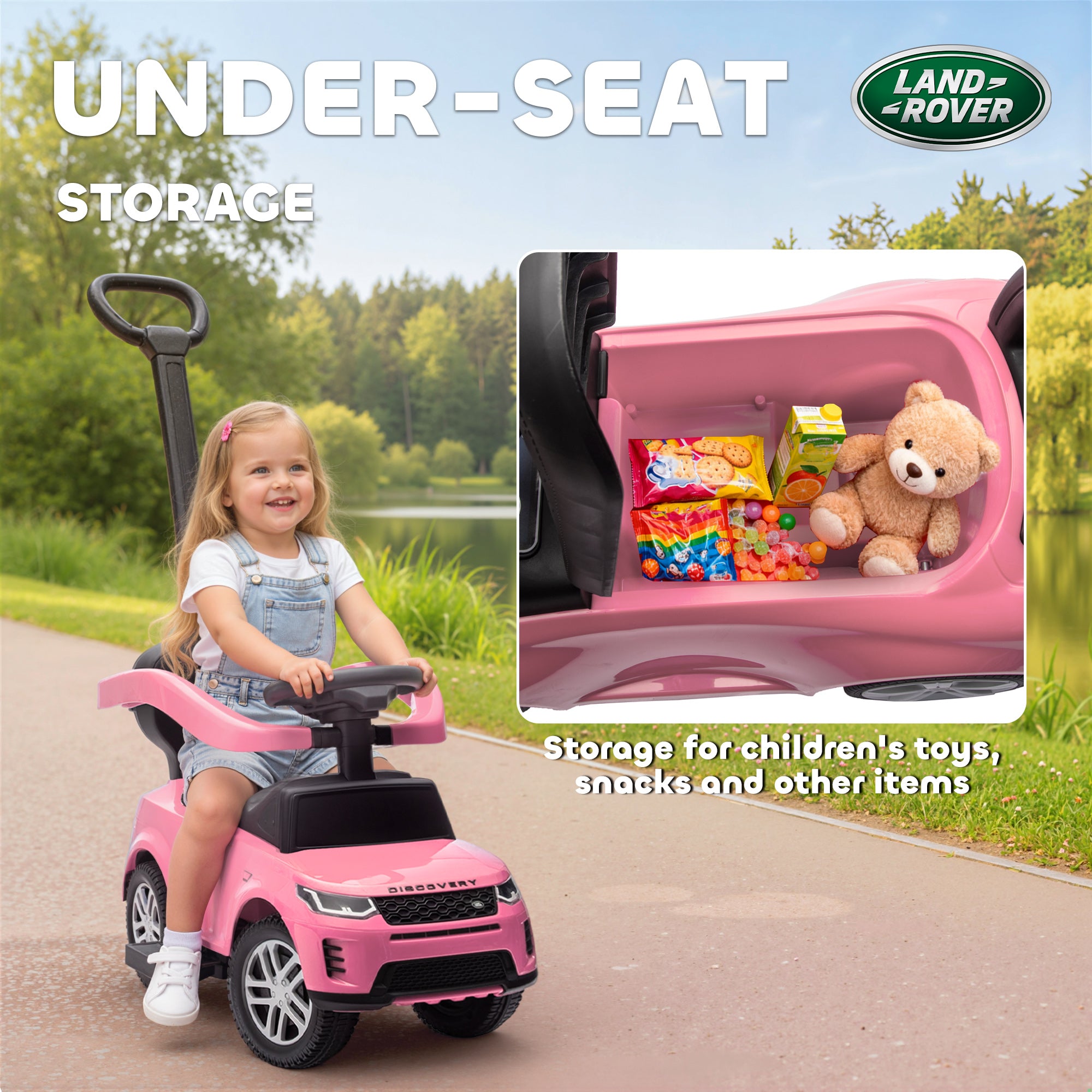 Land Rover Discovery Licensed Baby Push Car, 2-in-1 Ride on Car with Push Handle and Safety Guardrail, Pink