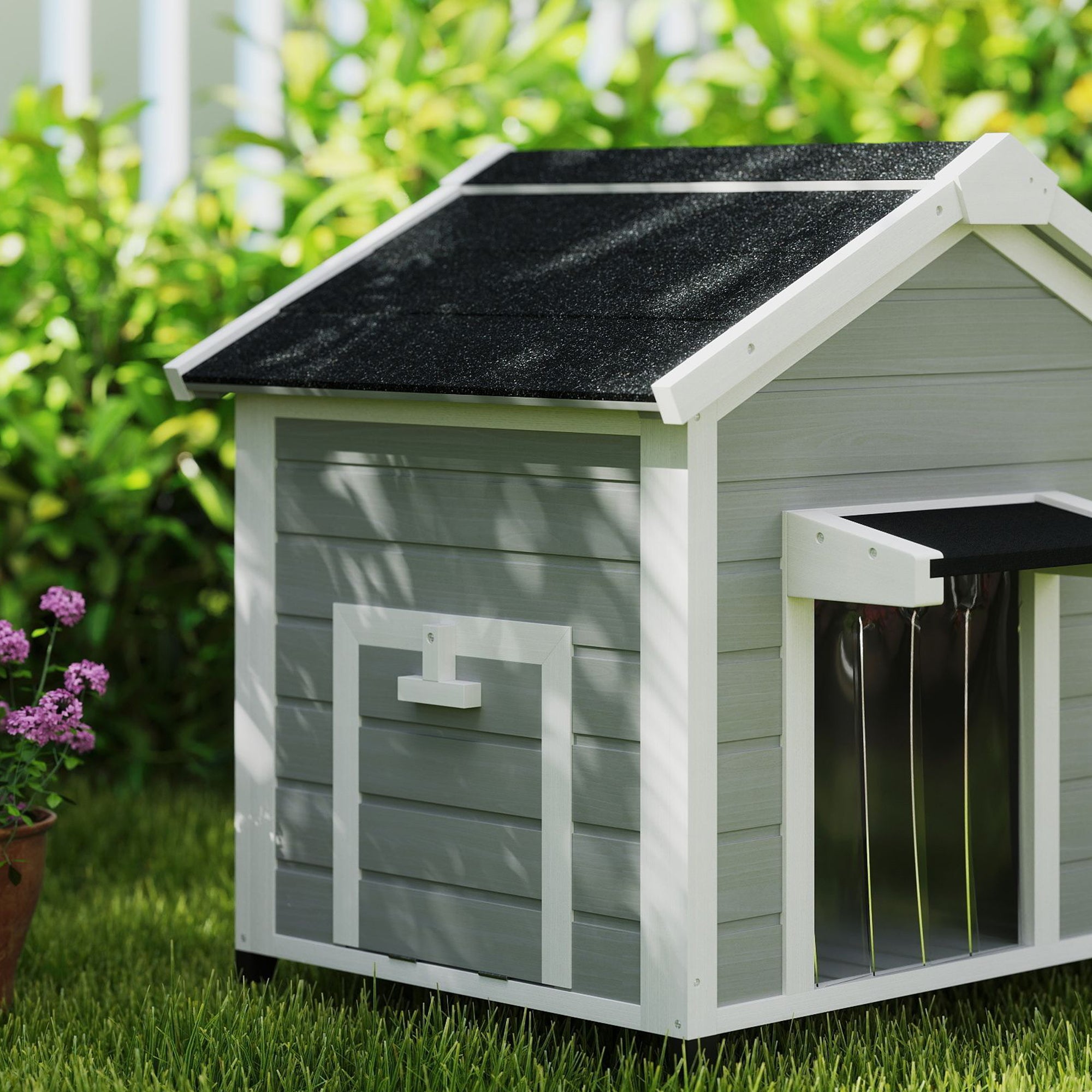 Wooden Dog House Outdoor with Openable Roof, Removable Floor, Curtain, Elevated Feet, for Medium Dogs, Light Grey