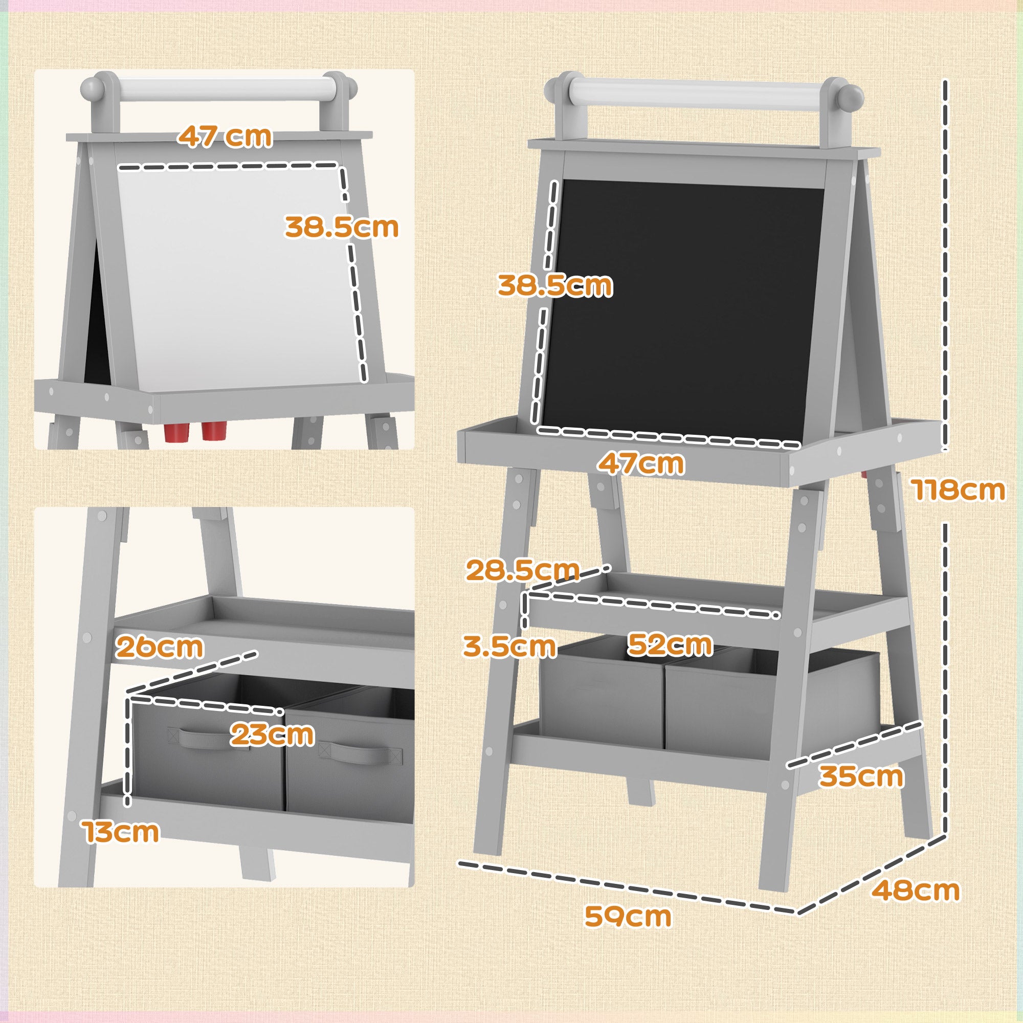 3 in 1 Kids Easel Double-Sided Magnetic Whiteboard and Chalkboard with Paper Roll, Storage Baskets - Grey