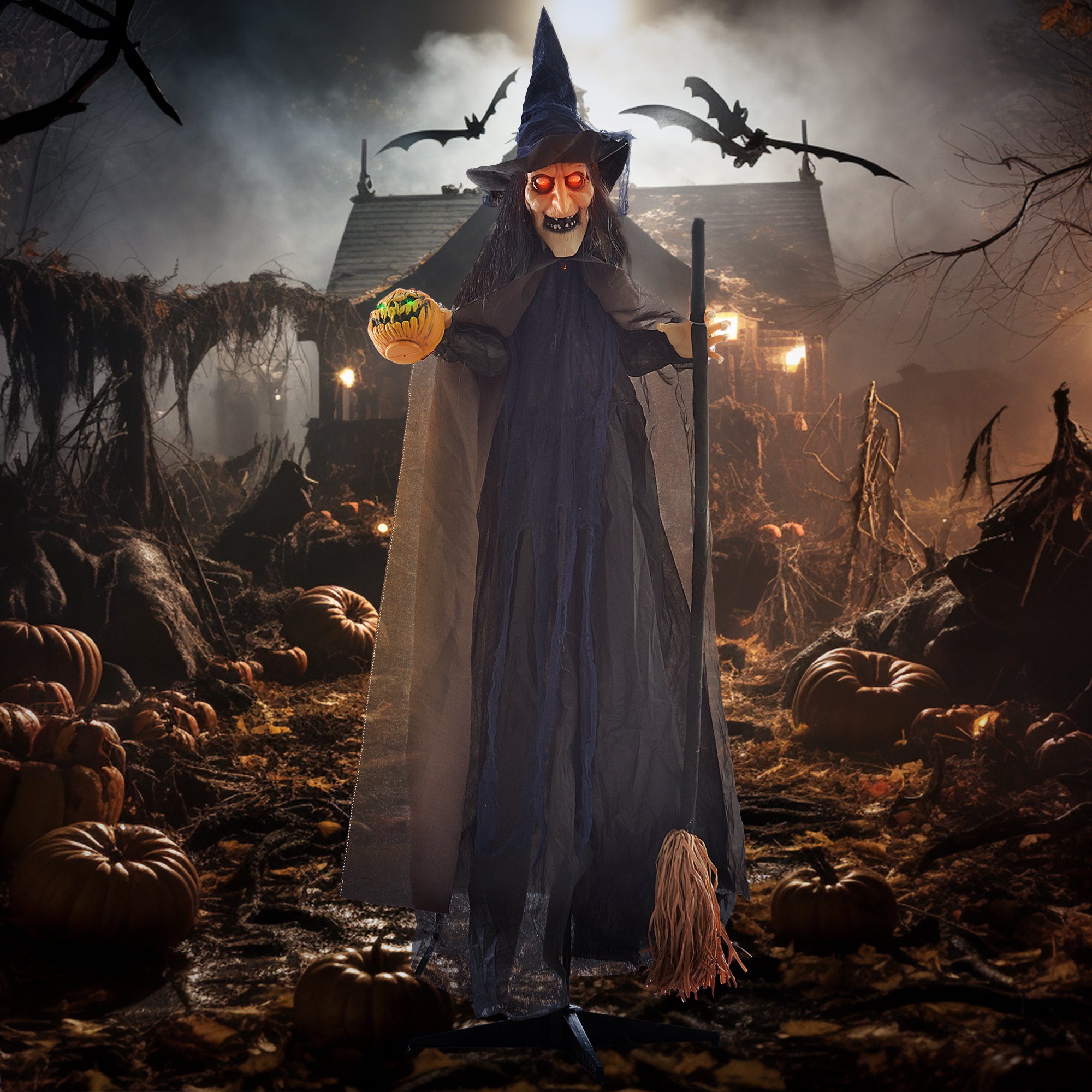 6'2" Witch with Broomstick Halloween Animatronic, with Glowing Eyes