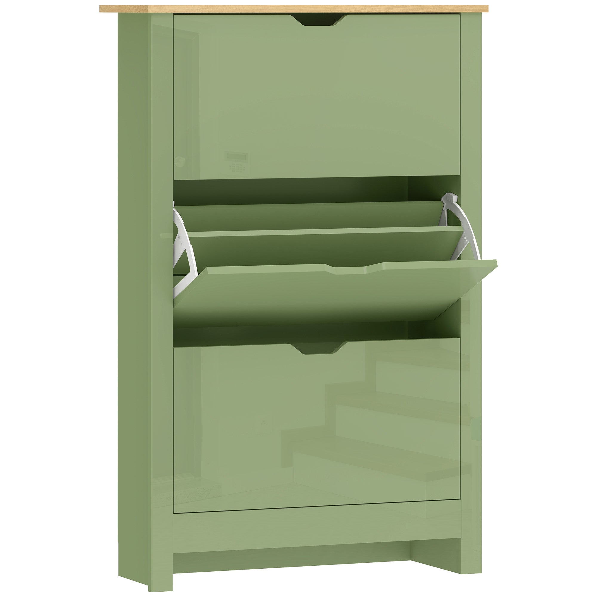 Slim Shoe Cabinet, Narrow Shoe Cupboard with 3 Flip Drawers, Adjustable Shelves for 18 Pairs of Shoes, High Gloss Green