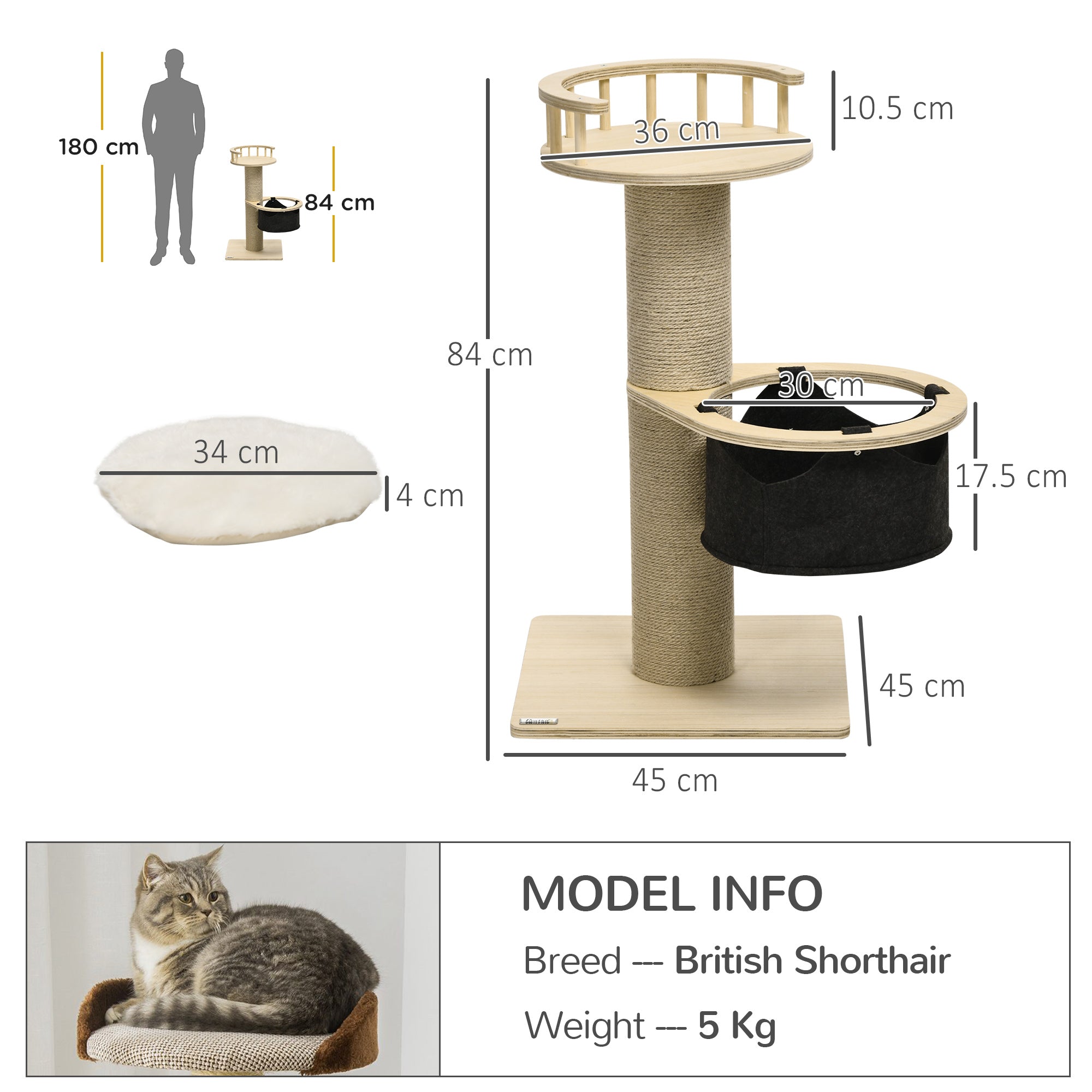 Cat Tree, with Hammock, Bed, Jute Scratching Post - Natural Finish