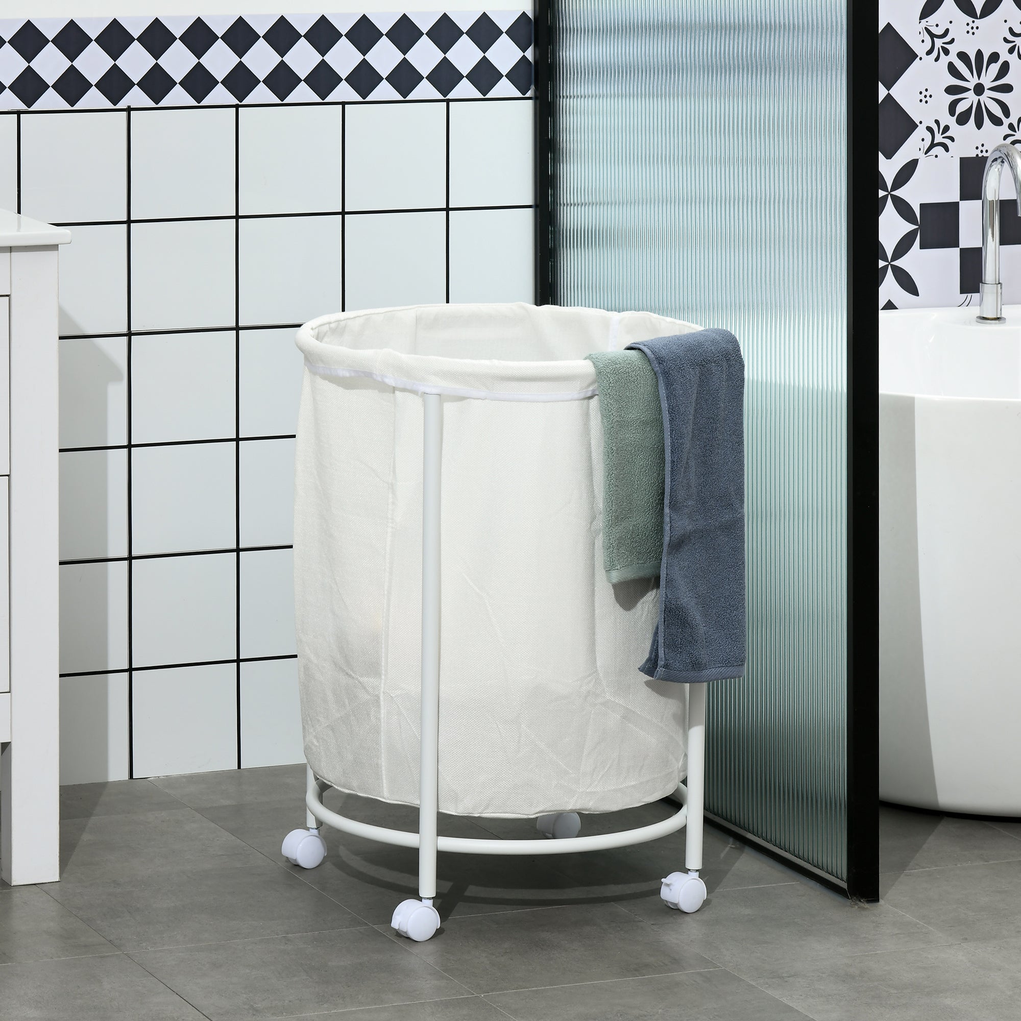 100L Steel Frame Laundry Bin, with Wheels - White