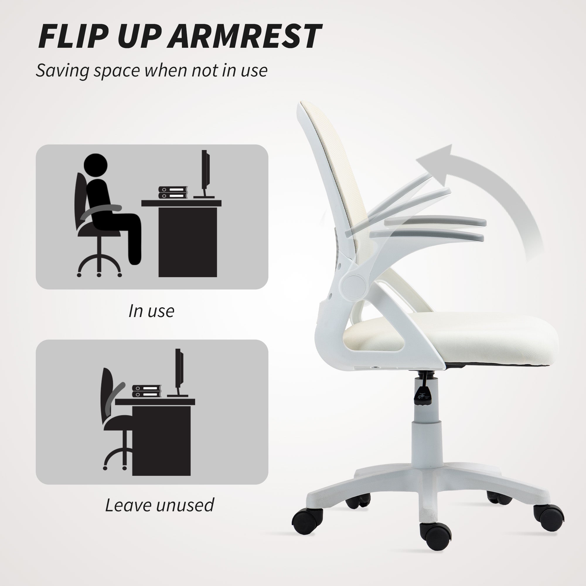 Breathable Mesh Office Chair, Ergonomic Swivel Computer Chair with Flip-up Armrests, Lumbar Back Support for Home/Office, White