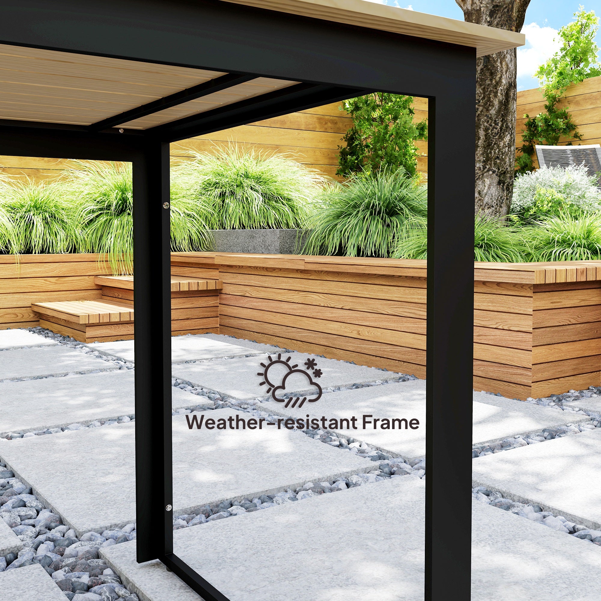 6 Seater Teak Effect Outdoor Dining Table with Metal Frame