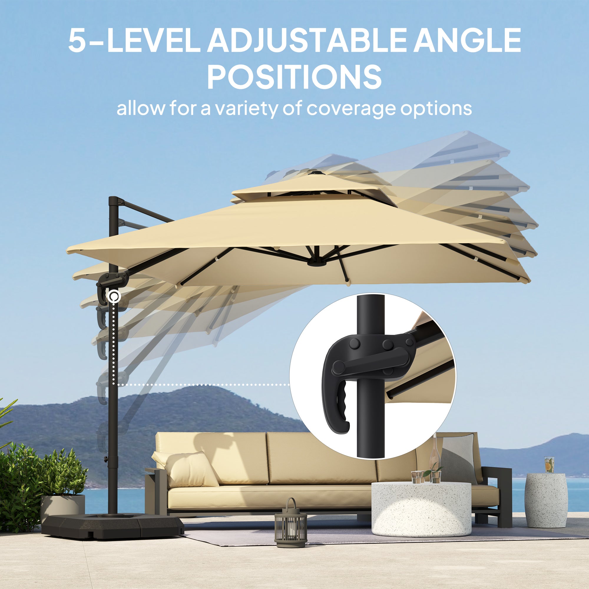2.7 x 2.7(m) Cantilever Parasol with Aluminium Frame, Crank and Tilt, 360° Rotation, Double Top Garden Umbrella with Base and Cover, Khaki