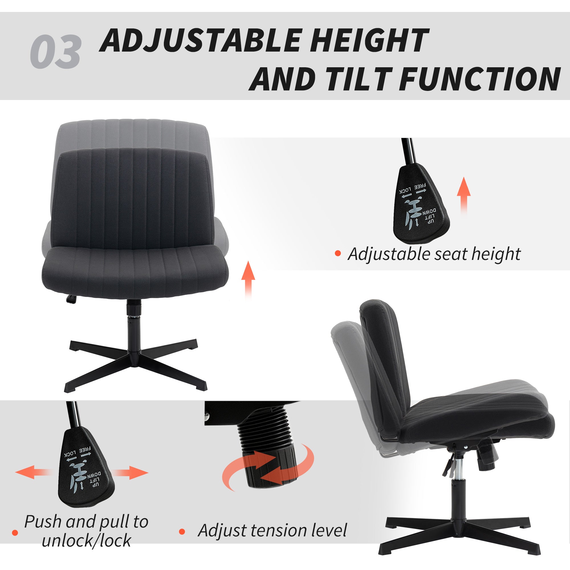 Armless Office Chair No Wheels, Linen Fabric Criss Cross Legged Desk Chair with Wide Seat, Thick Padding, Tilt Function, Height Adjustable Swivel Computer Seat for Home, Black