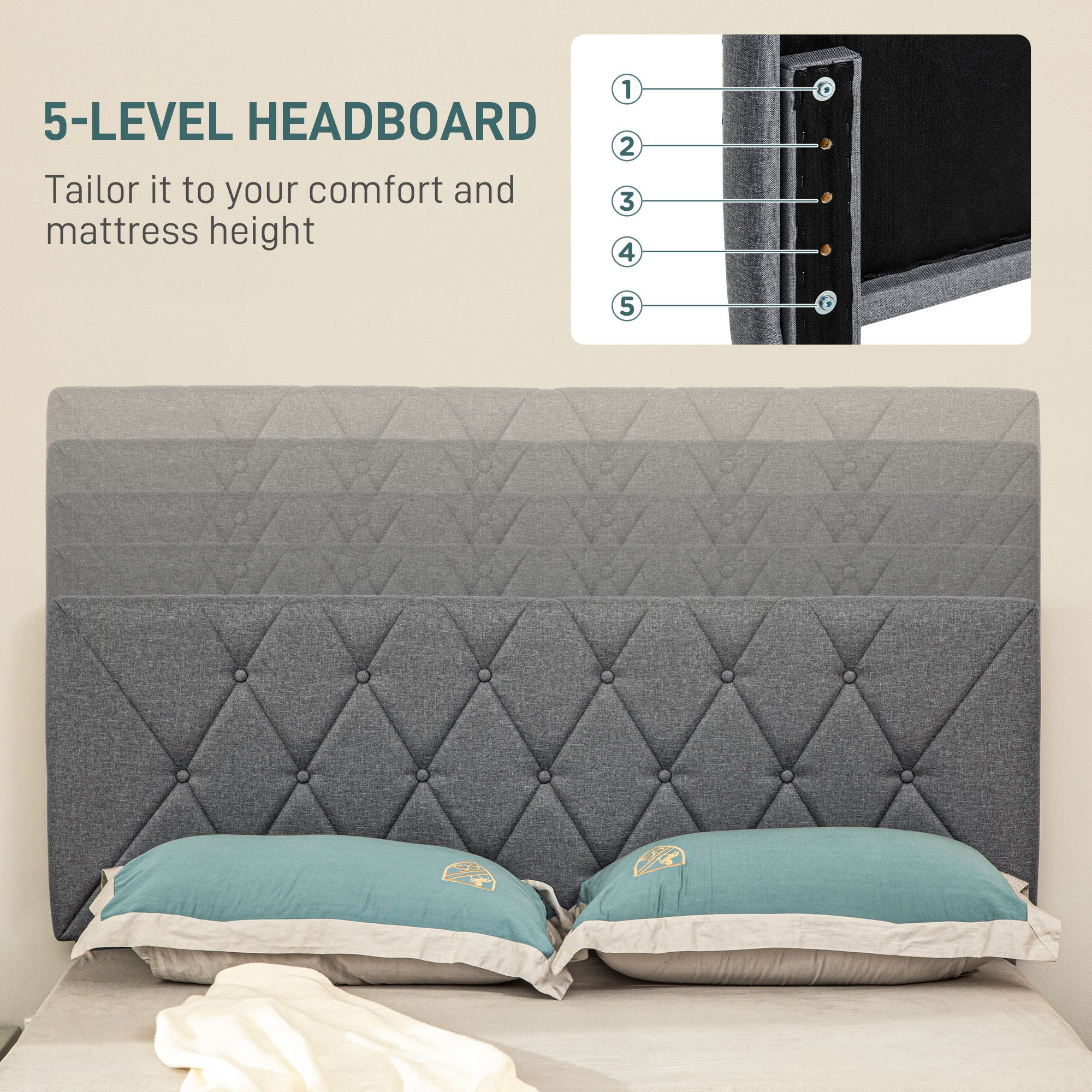 King Size Padded Fabric Headboard Bed Frame with Adjustable Positions - Grey