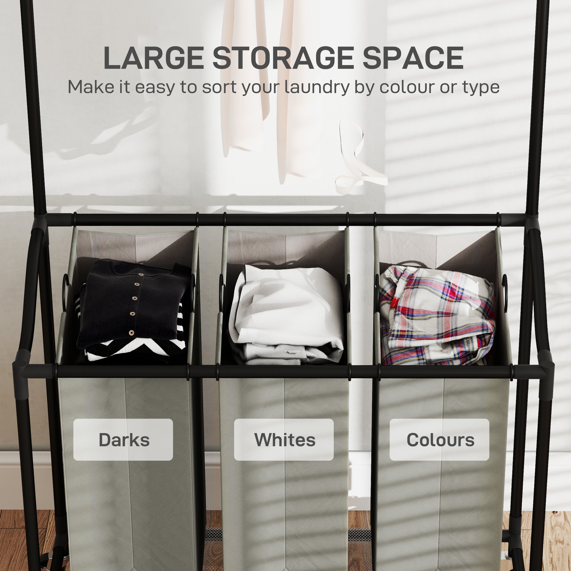 126L Laundry Sorter, Rolling Wash Basket with Hanging Rail and Mobile 3-Bag Organiser for Bedroom, Bathroom, Laundry Room, 88-149.5L x 40W x 167H cm, Dark Grey