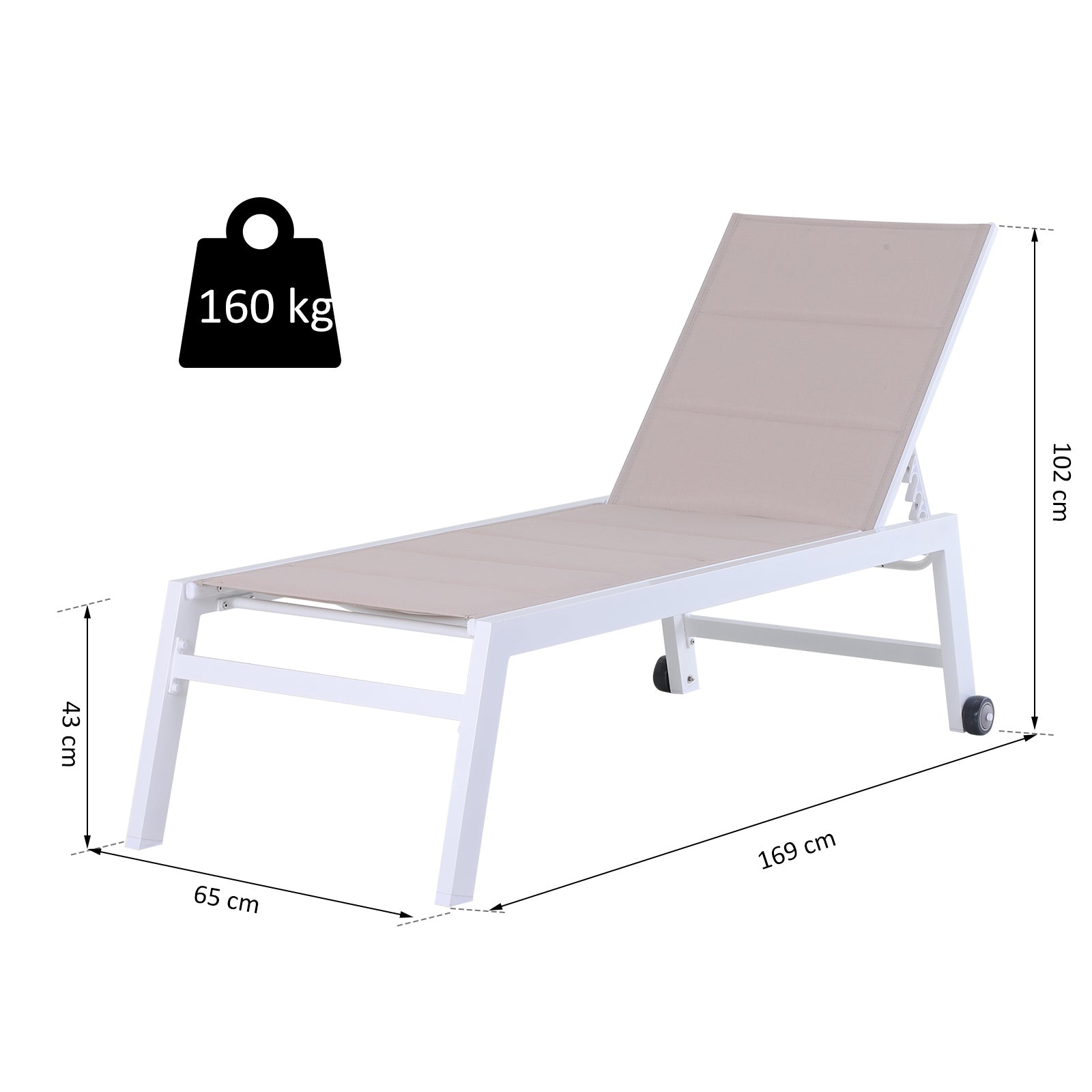 Aluminium Frame Outdoor Garden Sun Lounger w/ Wheels White/Beige
