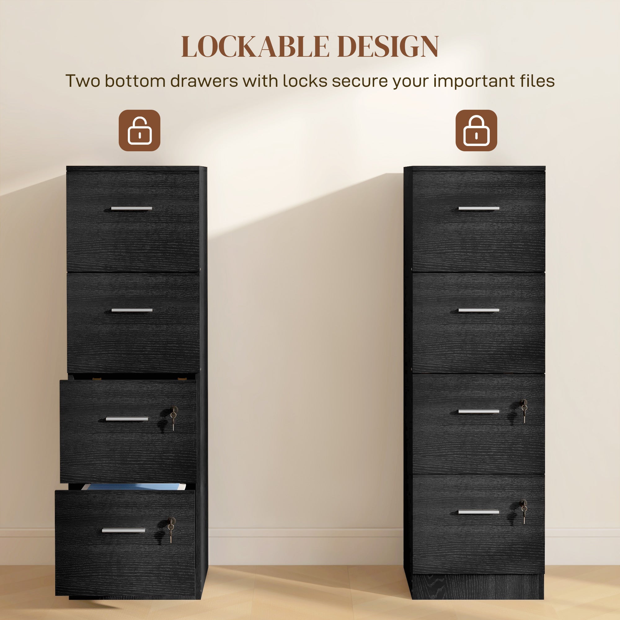 Four-Drawer Lockable Filing Cabinet - Black Wood Effect