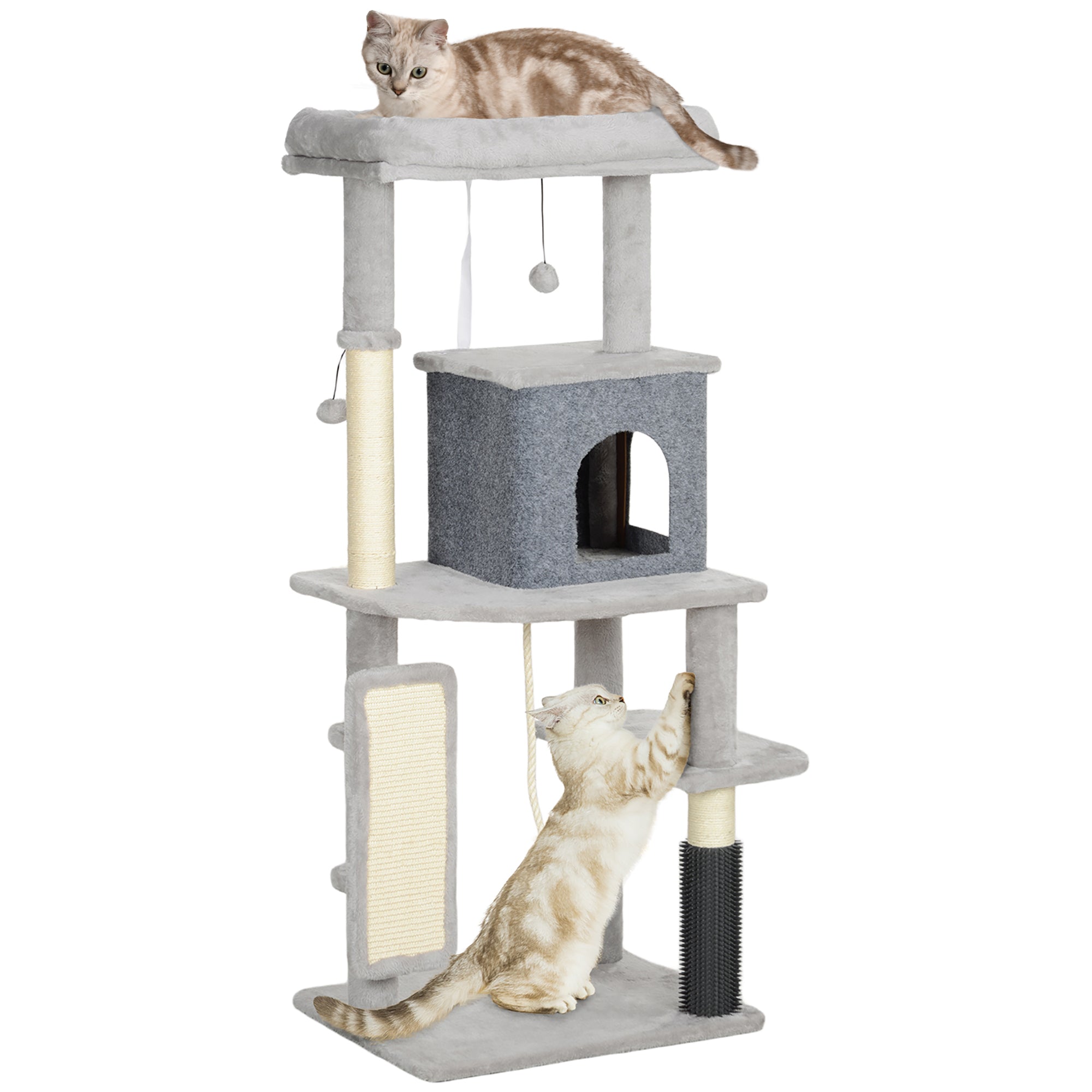 132cm Cat Tree w/ Scratching Posts, Pad, Cat Bed, Cat House, Jumping Platform, Grooming Brush, Anti-Tip Kit, Light Grey