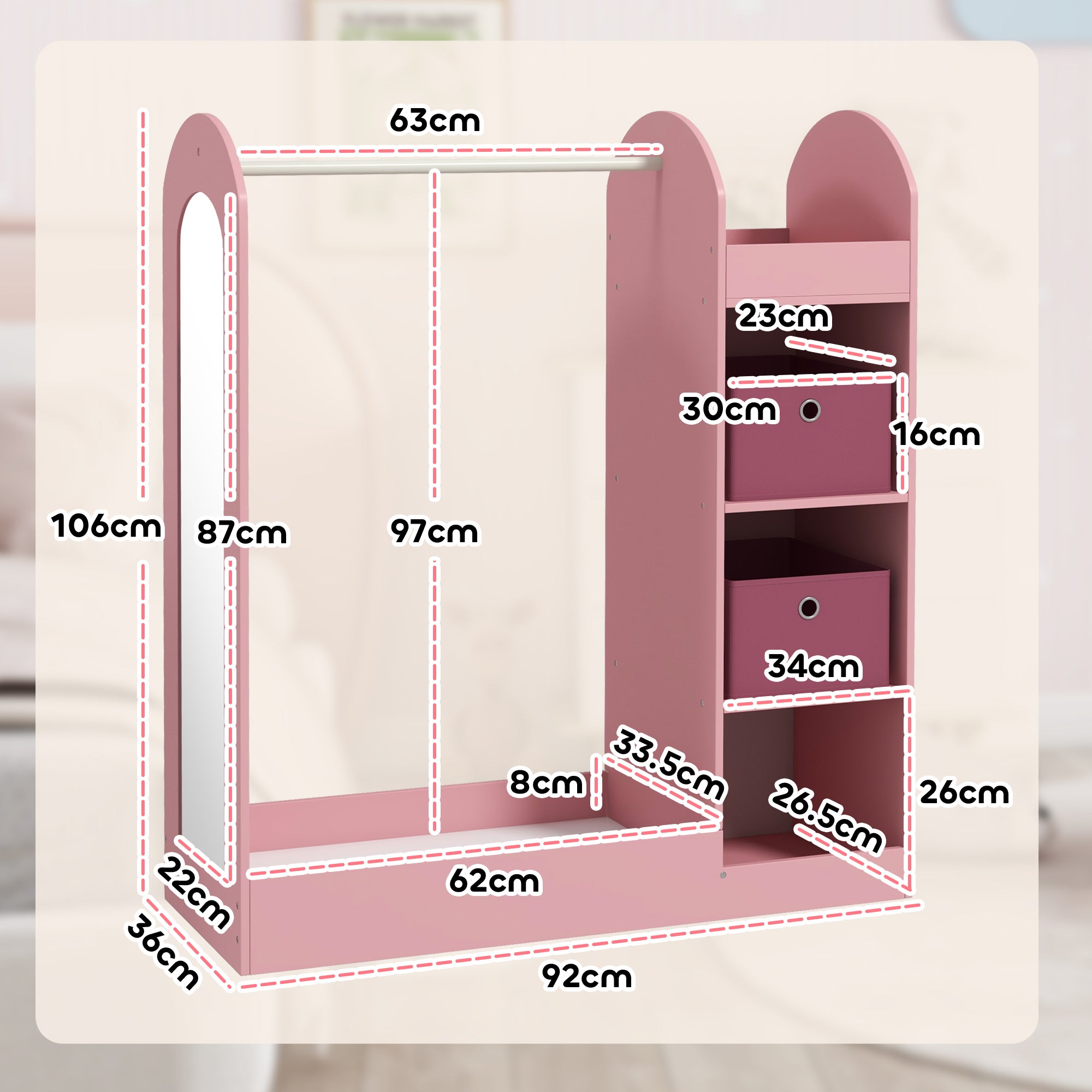 Kids Clothes Rail with Storage Shelf, Boxes, Mirror for Bedroom, Nursery, Pink