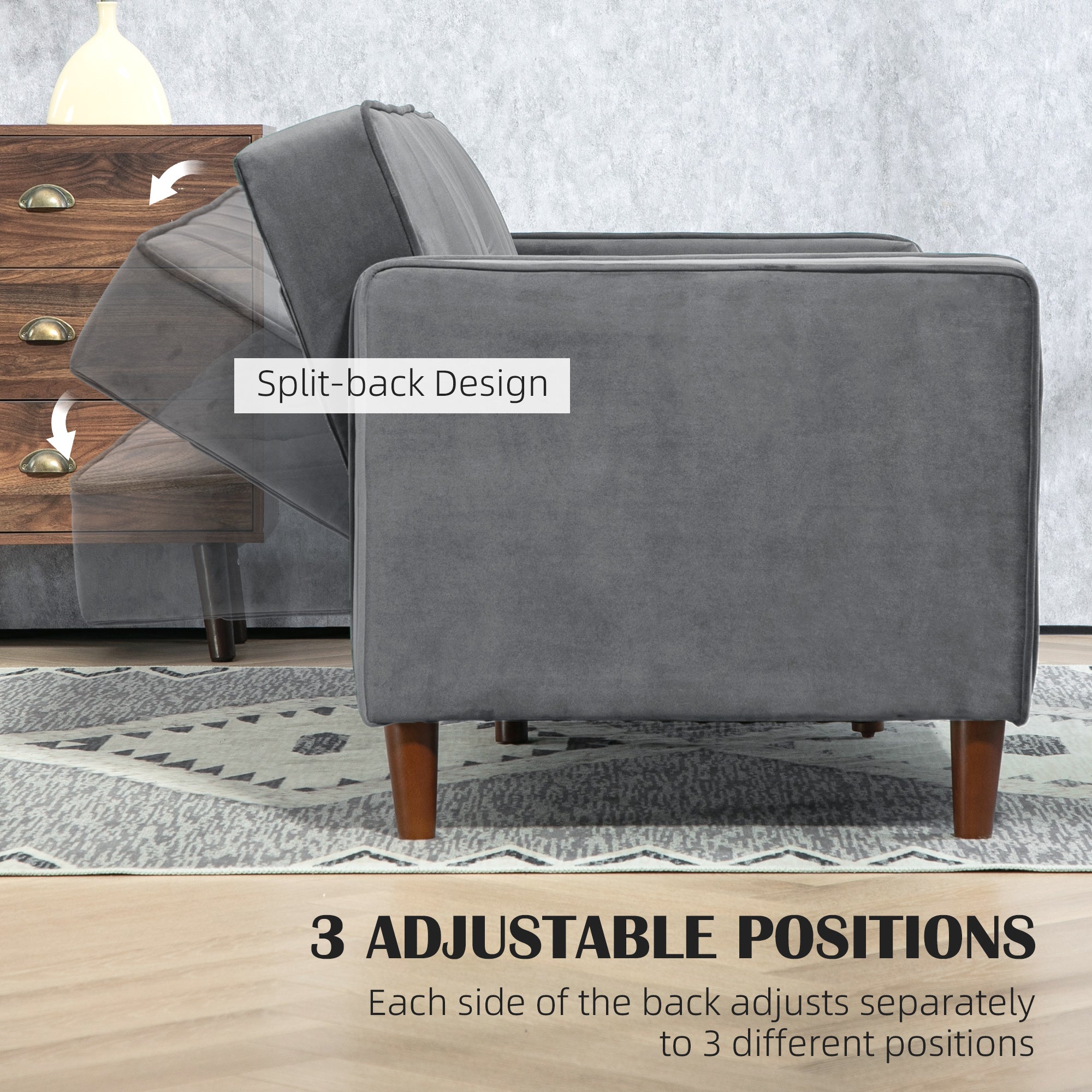 Velvet-Feel Three-Seater Sofa Bed with Adjustable Backs - Dark Grey
