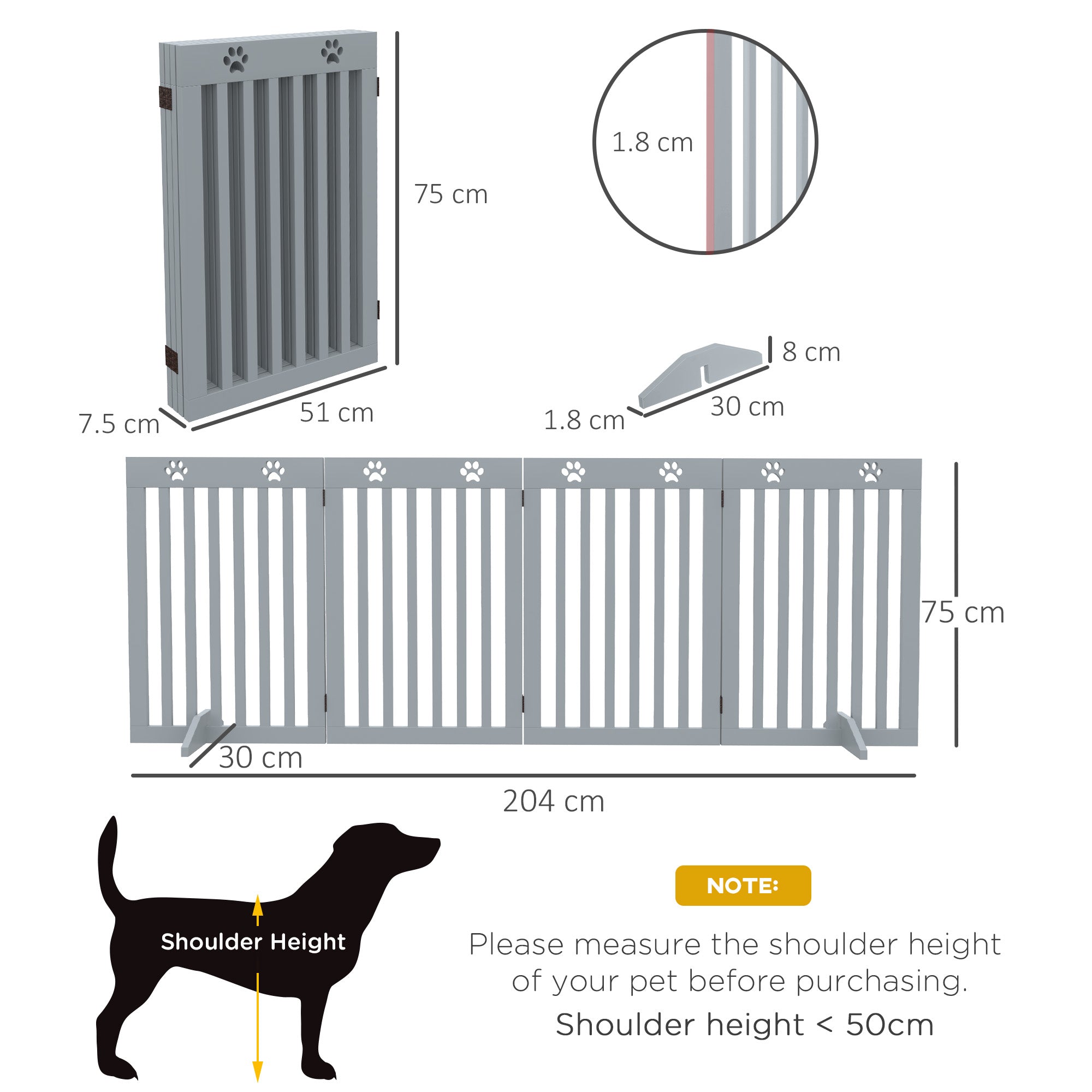 Wooden Pet Gate Foldable Freestanding Dog Safety Barrier w/ Support Feet, Grey