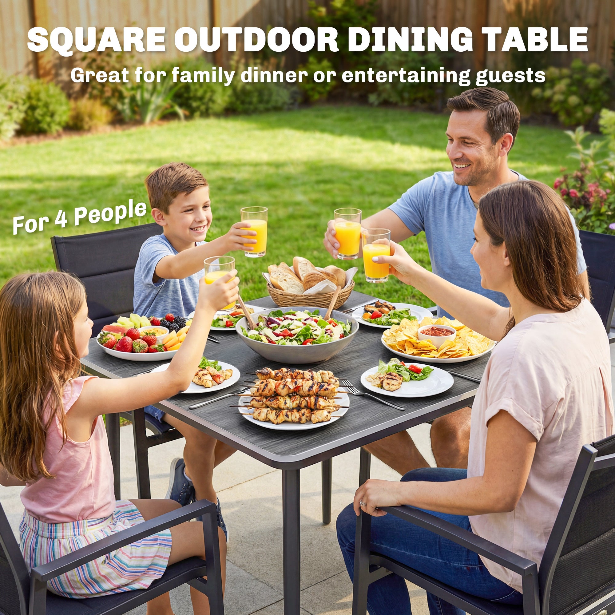 Garden Dining Table for 4, 85 cm Square Outdoor Table with Umbrella Hole, Faux Wood Top, Metal Legs, Dark Grey
