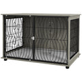 Extra Large Dog Crate Furniture End Table with Plush Washable Cushion and Lockable Door - Grey Wood Effect