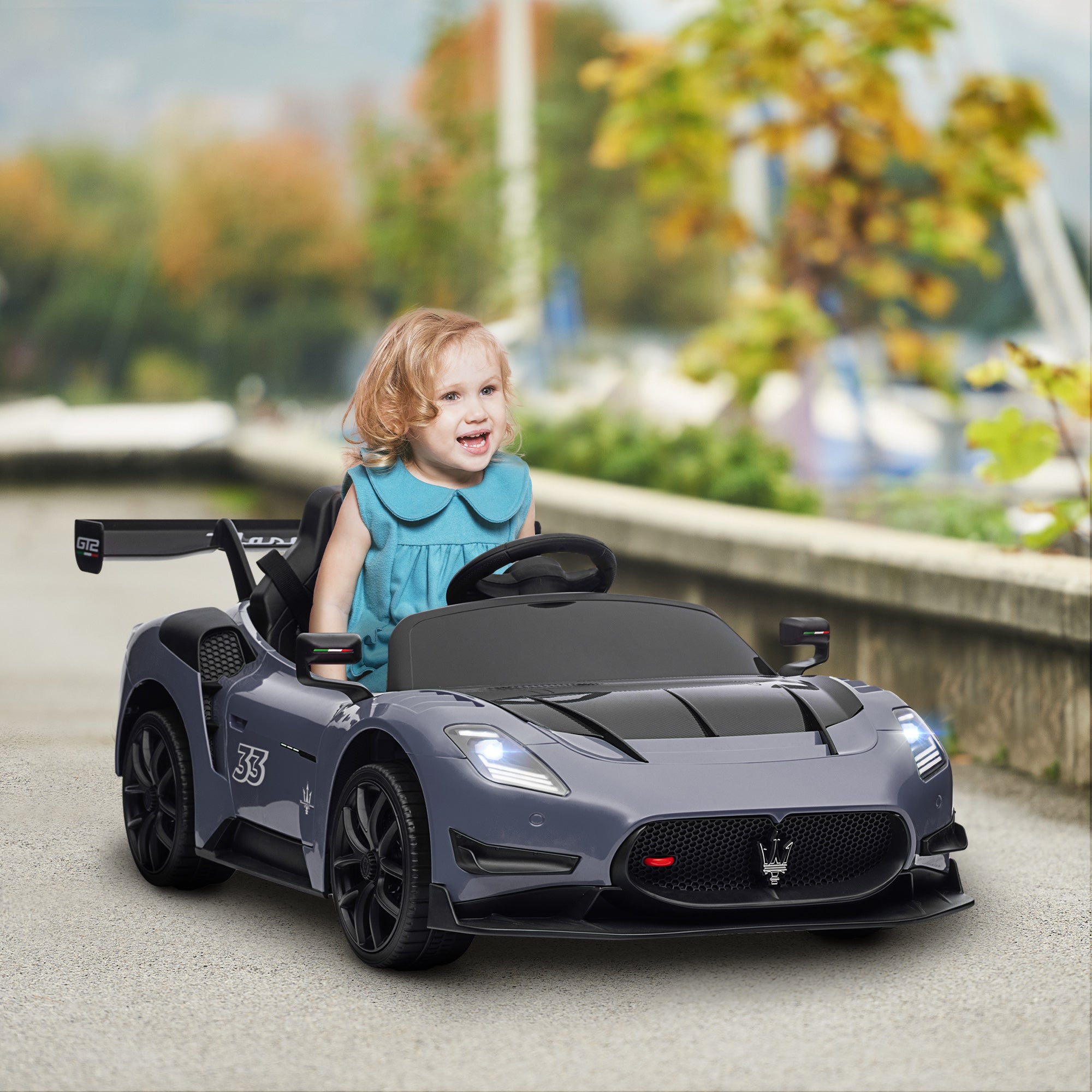 Maserati GT2 Licensed 12V Kids Electric Ride on Car with 4 Suspension, Remote Control Music Horn Lights - Grey