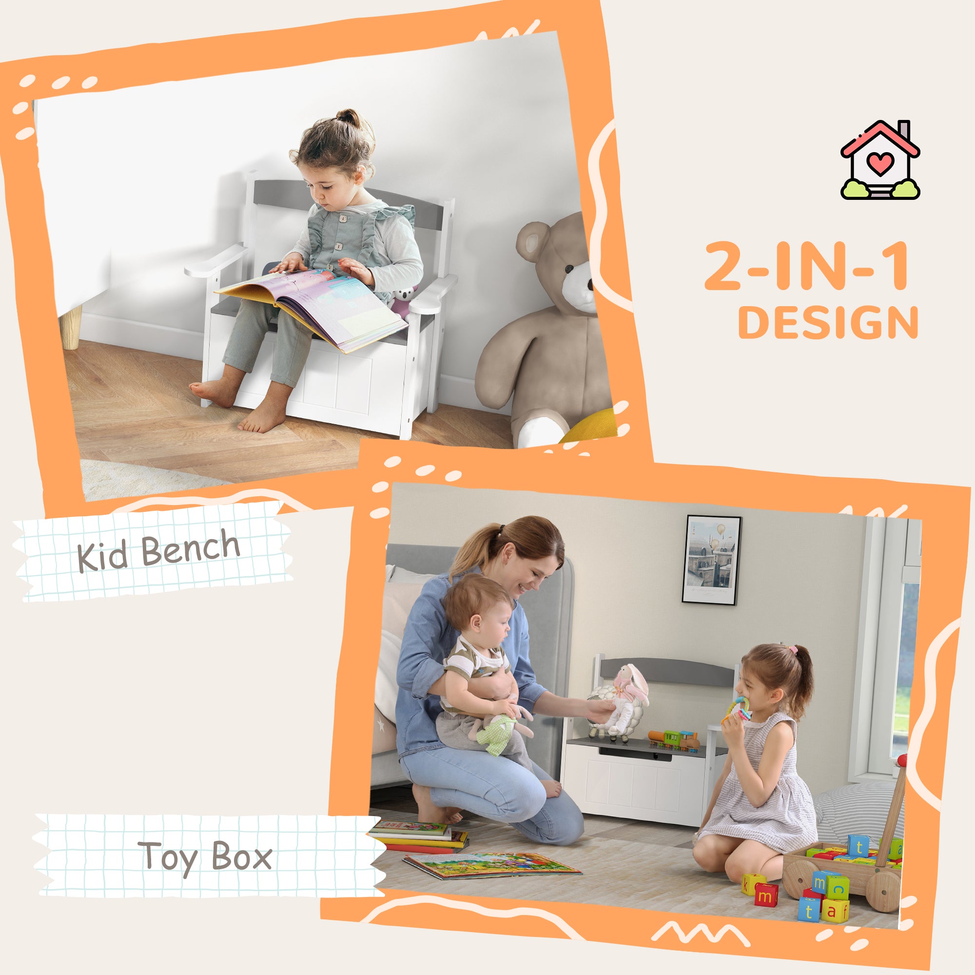 2-in-1 Toy Box for Kids with Lid for Bedroom, Nursery, Playroom, Grey