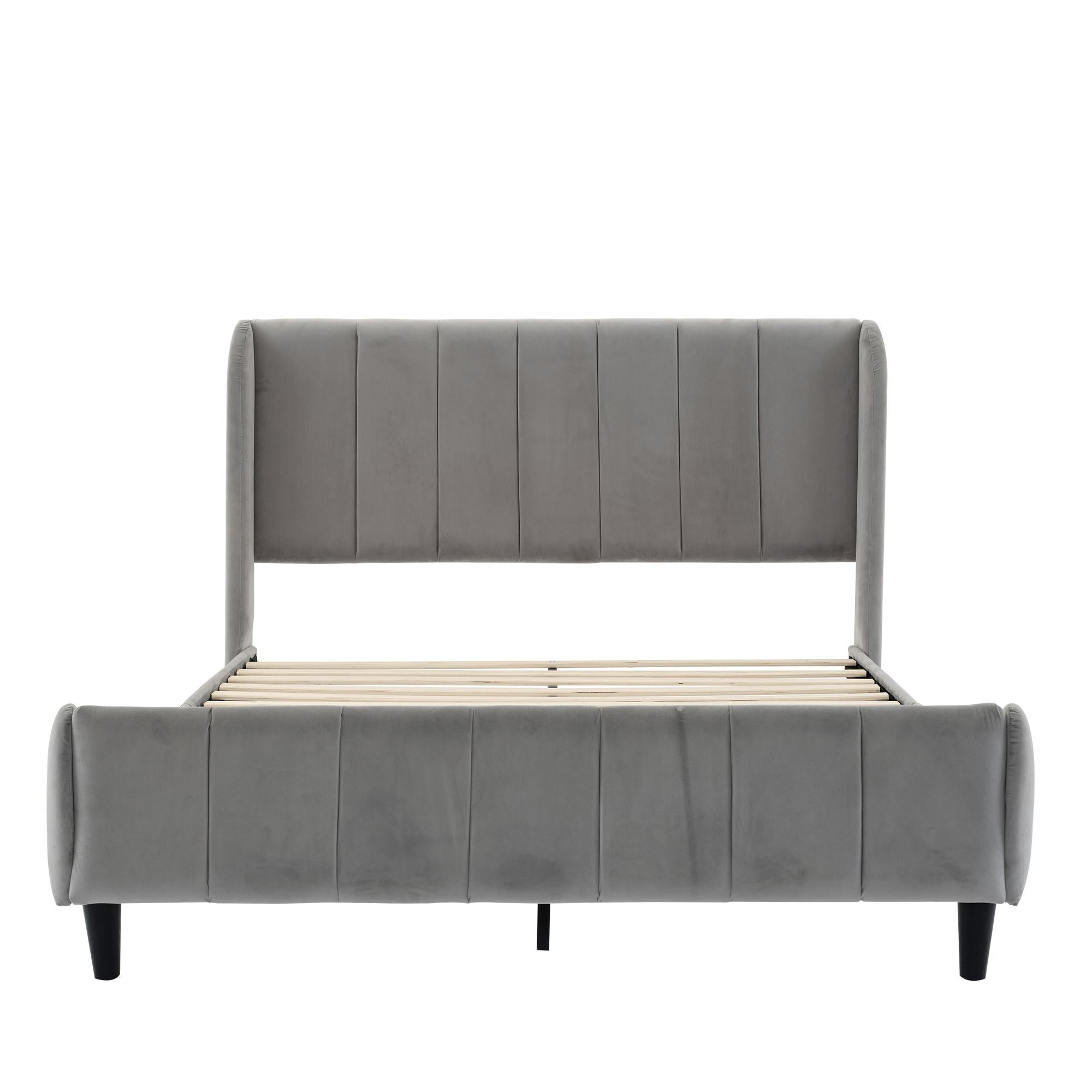 Double Upholstered Velvet Bed with Soft Backrest - Gray