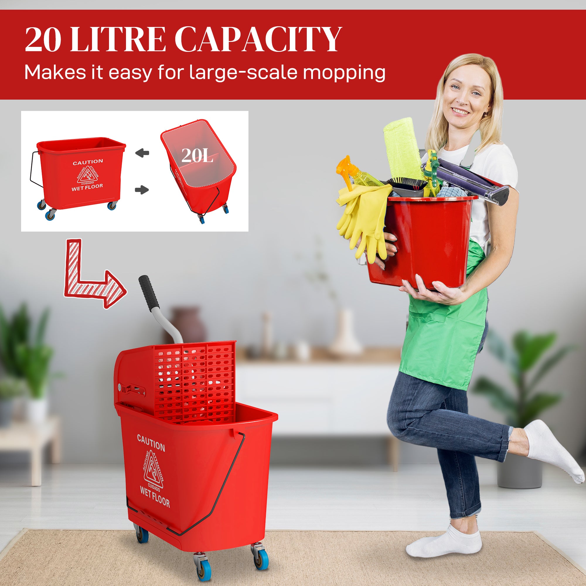 20L Mop Bucket with Water Separation Panel and Wheels - Red