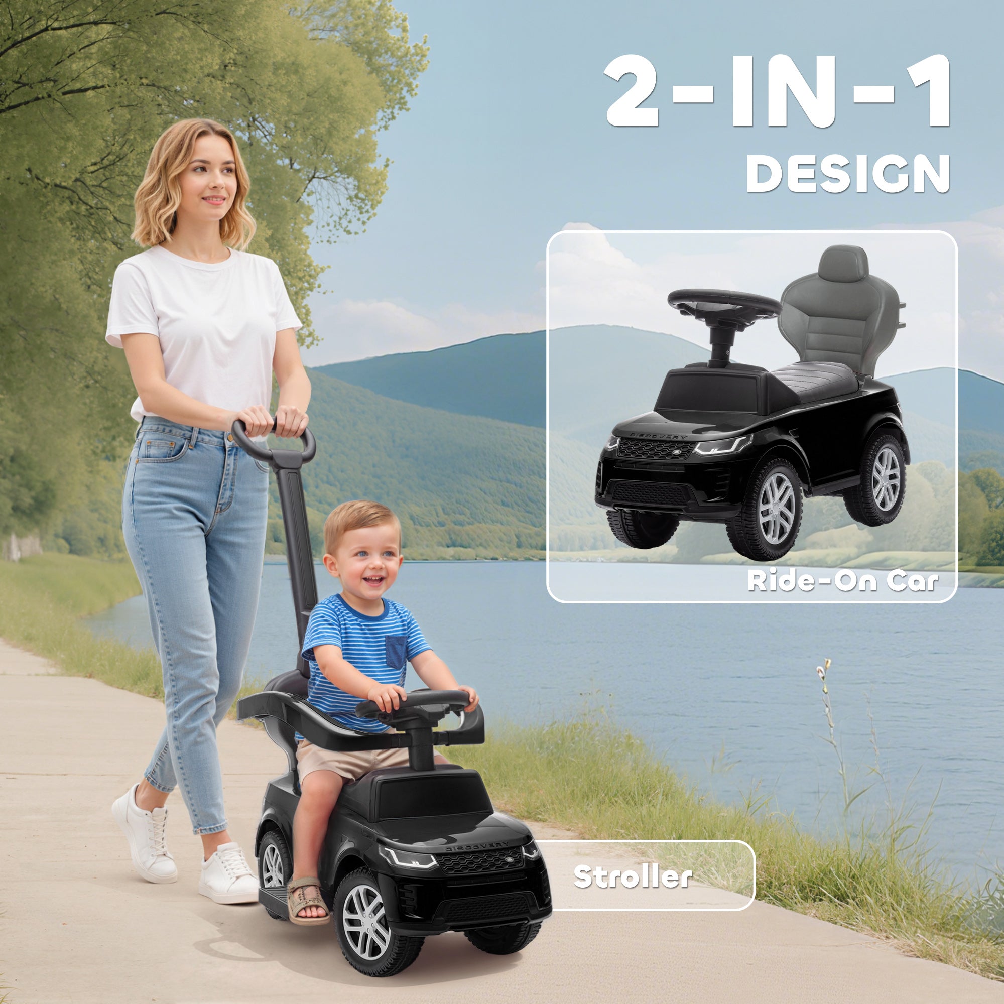 Land Rover Discovery Licensed Baby Push Car, 2-in-1 Ride on Car with Push Handle and Safety Guardrail, Black