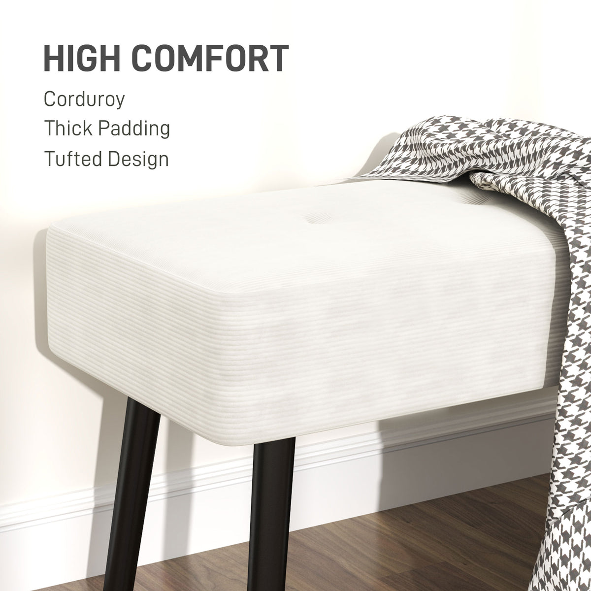 End of Bed Corduroy Bench with Thick Padding and Steel Legs - Cream White