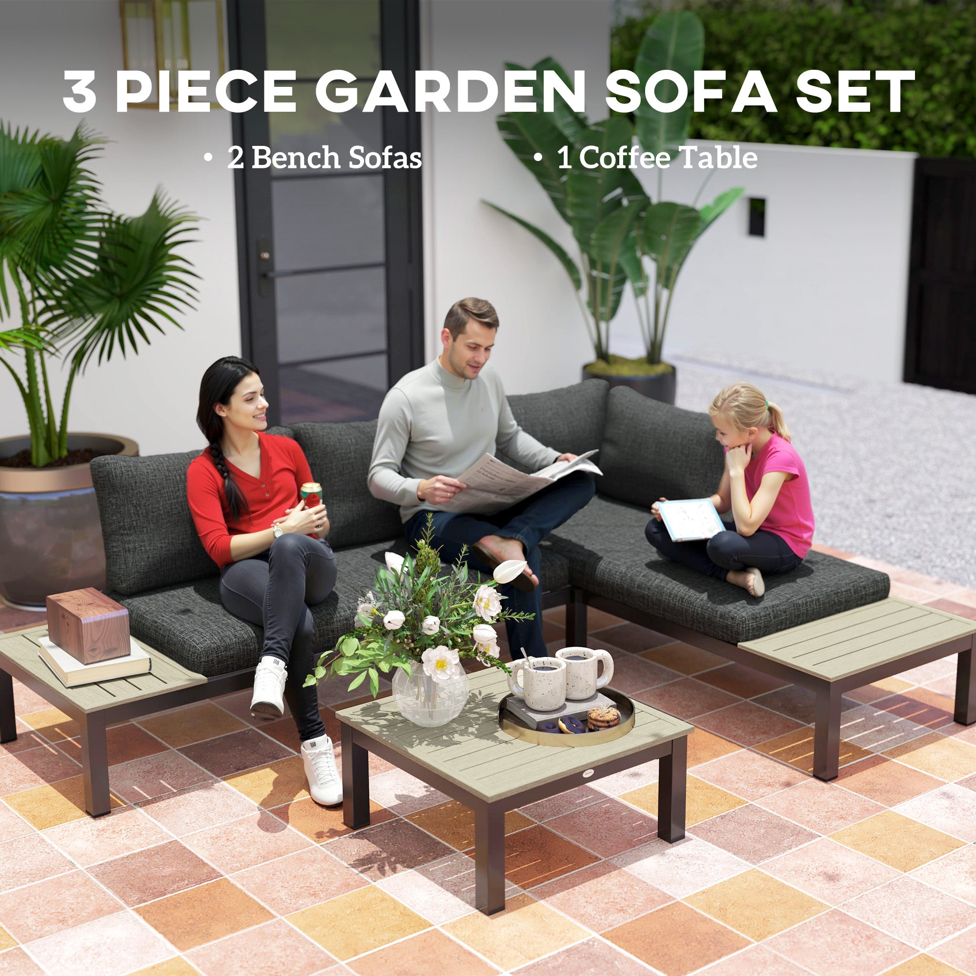 3 Piece Aluminium Garden Sofa Set with Cushions - Dark Grey