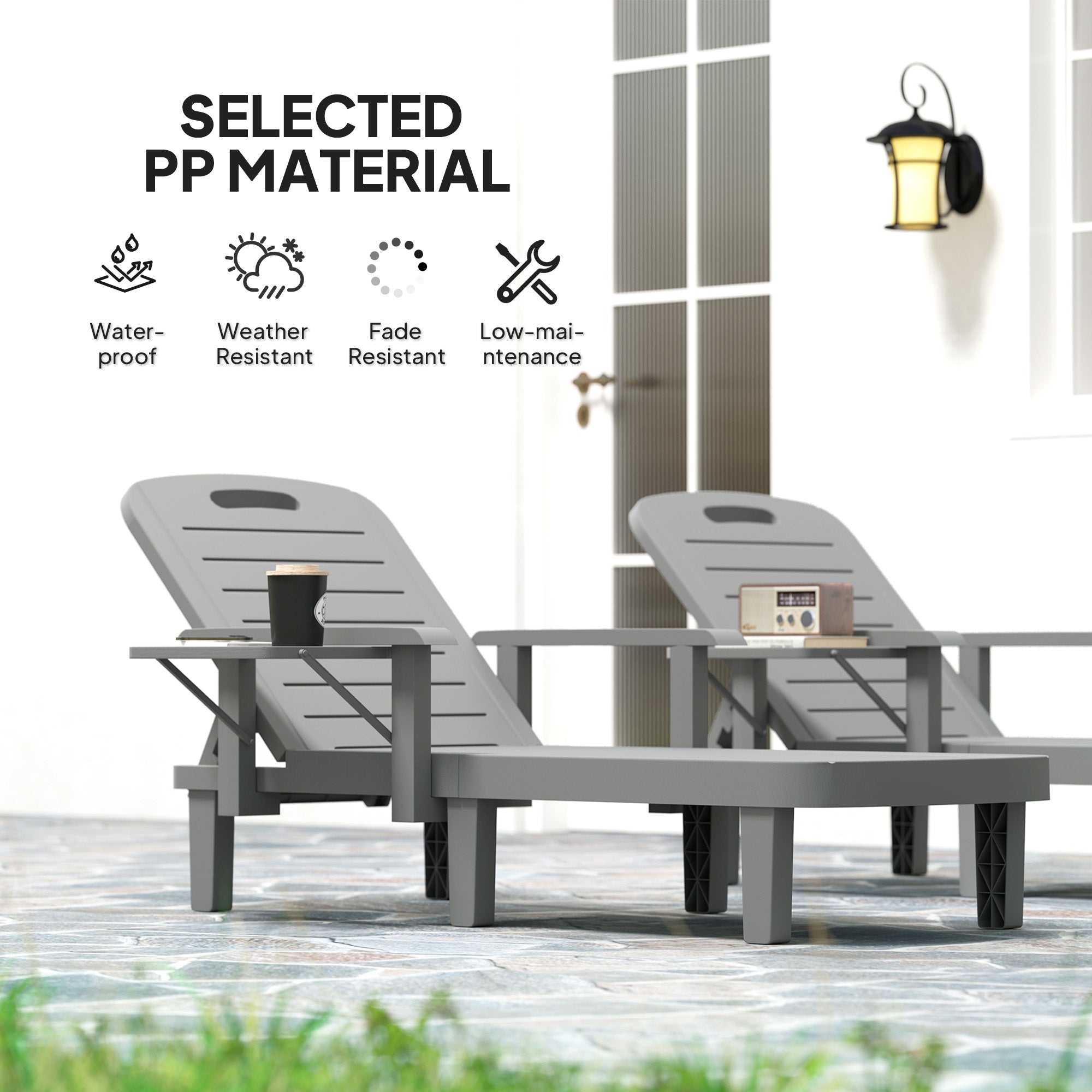 Set of 2 Resin Reclining Sun Loungers for Garden, 5 Positions Adjustable Outdoor Chaise Lounge Chairs with Wood Texture Surface, Armrests, Foldable Side Table for Garden, Beach, Dark Grey