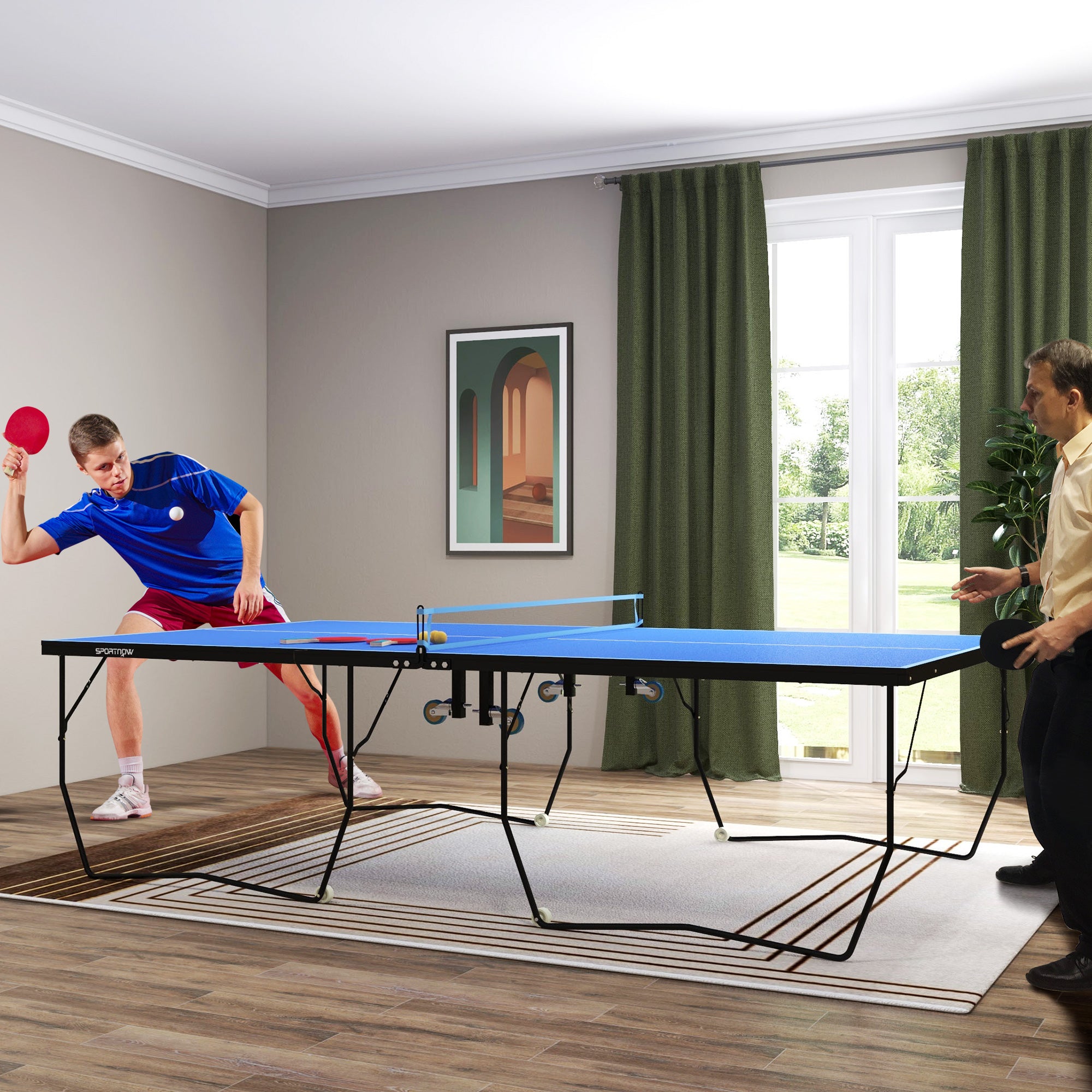 9FT Folding Table Tennis Table, with 8 Wheels, for Indoor Use - Blue